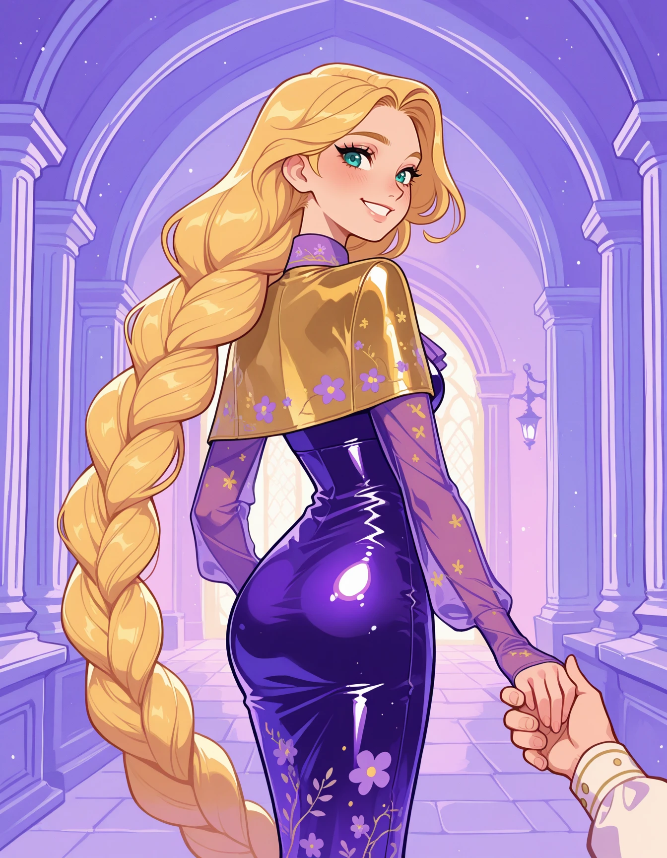 1girl solo,  gold capelet, latex dress, purple dress, see-through sleeves, long sleeves, sleeves past wrists, sleeves under clothes, shirt collar, contrapposto, rapunzel, absurdly long braid, floral print capelet, ascot, smile,  <lora:Outfit_soph-FormFitMidiCapelet-ILXL:0.9> cowboy shot, palace, hands on hip, pov, holding hand, looking at viewer, from side, looking back,  <lora:Style_ecstatic-Wonderkind-ILXL:1> CW-Illu masterpiece, best quality, very aesthetic, newest