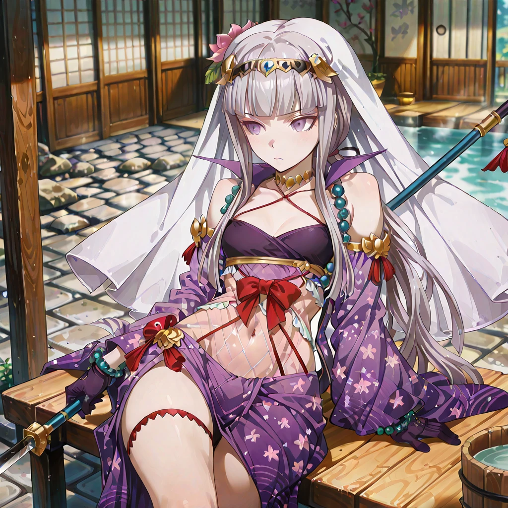 <lora:lazypos:1>, lazypos , masterpiece, best quality, amazing quality, very awa,absurdres,newest,very aesthetic,depth of field, highres, (anime screenshot),(anime coloring ), <lora:ponyv3_ill01_2_adamW-000017:1>,masterpiece, best quality, very aesthetic , <lora:Asuka_Zero_Style:1>, detailed_background, asuka_zero, 1girl, alternate_costume, bangs, beads, black_gloves, braid, danganronpa_(series), feudal_japan, floral_print, flower_hair_ornament, gloves, hair_ornament, holding_polearm, holding_spear, holding_weapon, japanese_clothes, jewelry, kimono, kirigiri_kyoko, long_hair, long_sleeves, naginata, necklace, obi, polearm, purple_eyes, purple_hair, purple_kimono, sash, sengoku_period, side_braid, solo, spear, traditional_clothes, traditional_japanese, weapon, wide_sleeves,pearl_(gemstone), pearl_bracelet,sarong, see-through_clothes, small_breasts , indoor_onsen_spring, steam_rising, wooden_bucket, stacked_towels, rock_garden, stepping_stones, sitting_on_bench, relaxing, ambient
