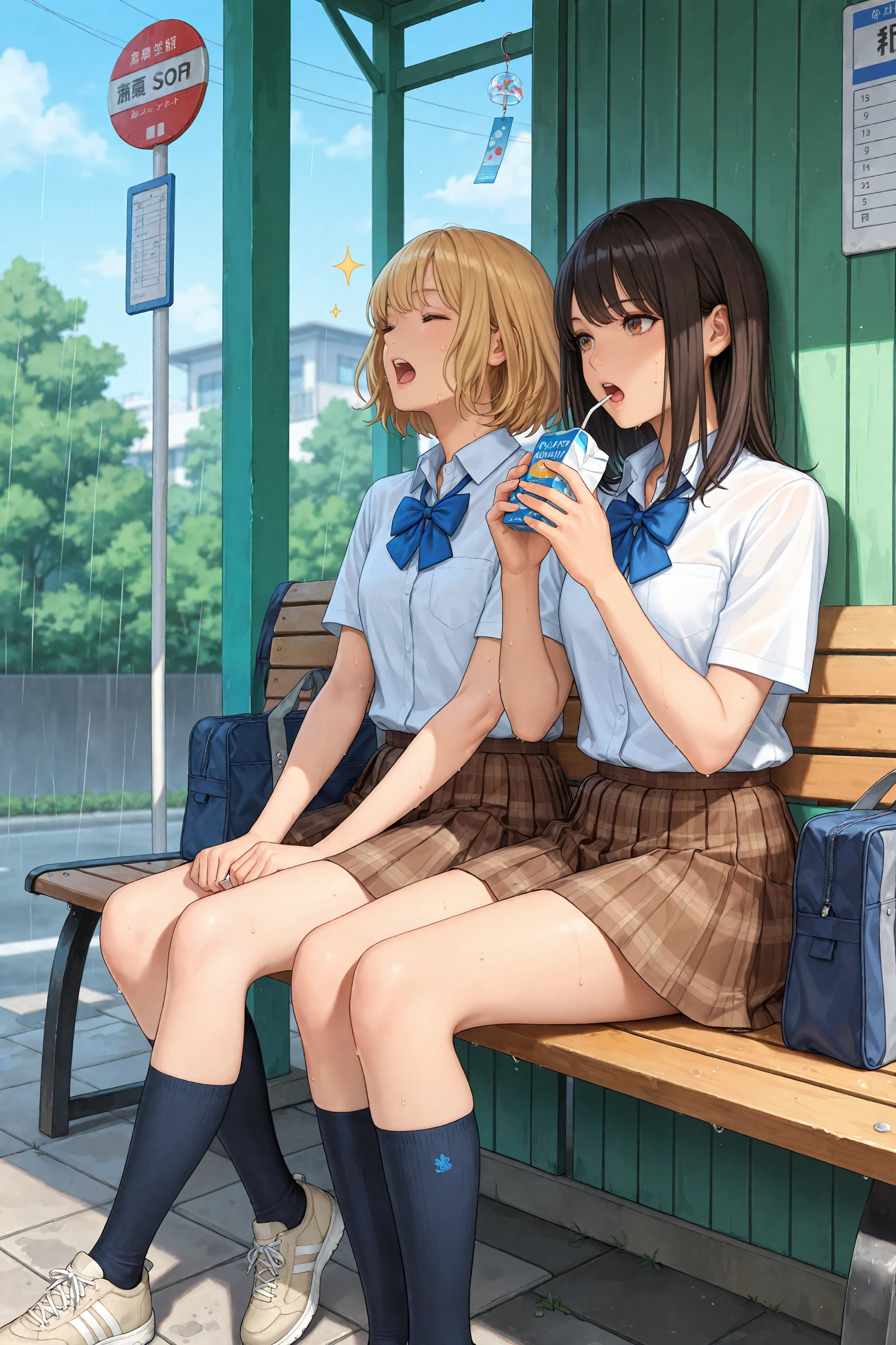 rain, long_hair, open_mouth, short_hair, shirt, skirt, blonde_hair, multiple_girls, brown_hair, black_hair, 2girls, sitting, brown_eyes, school_uniform, white_shirt, full_body, closed_eyes, short_sleeves, outdoors, sweat, pleated_skirt, food, shoes, collared_shirt, socks, bowtie, miniskirt, bag, plaid, sparkle, kneehighs, blue_bow, brown_footwear, phone, plaid_skirt, white_footwear, eating, black_socks, cellphone, sneakers, loafers, smartphone, holding_phone, brown_skirt, school_bag,blue_bowtie, bench, hot, juice_box, wind_chime, bus_stop          , dynamic angle,dynamic perspective, best quality,highres,absurdres