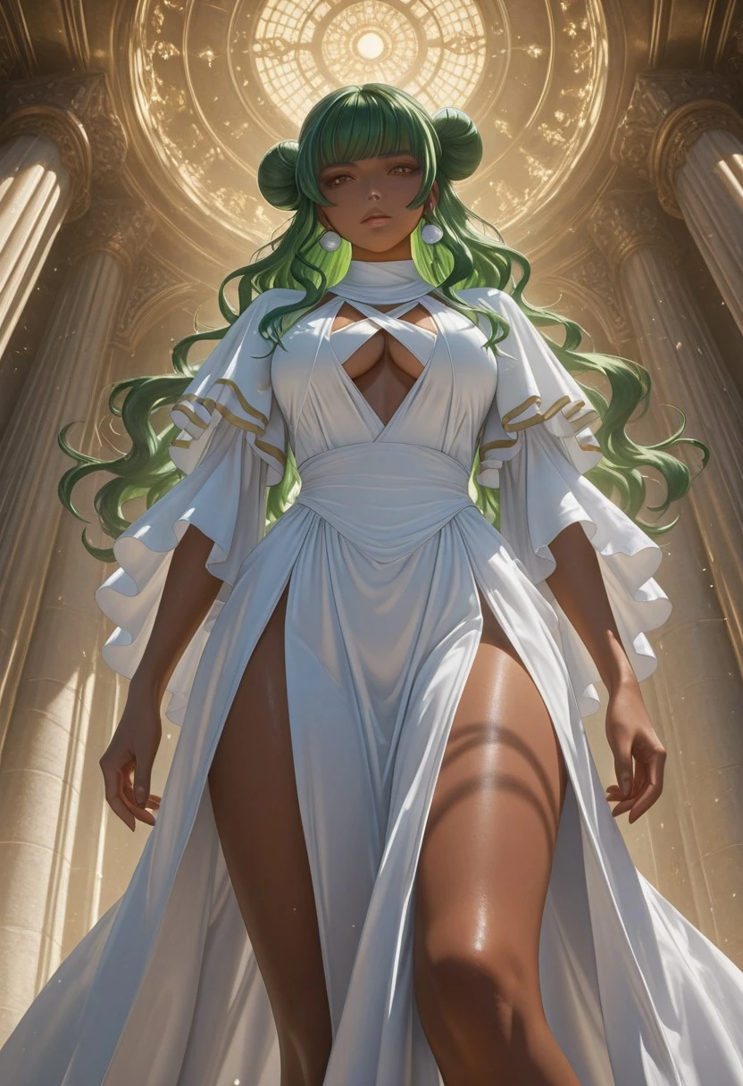 score_9, score_8_up, score_7_up, , best quality, masterpiece, nemesis, full color, double bun, green hair, long hair, dark skin, brown eyes, realistic,, , , cleavage, standing, towering over viewer, low angle,