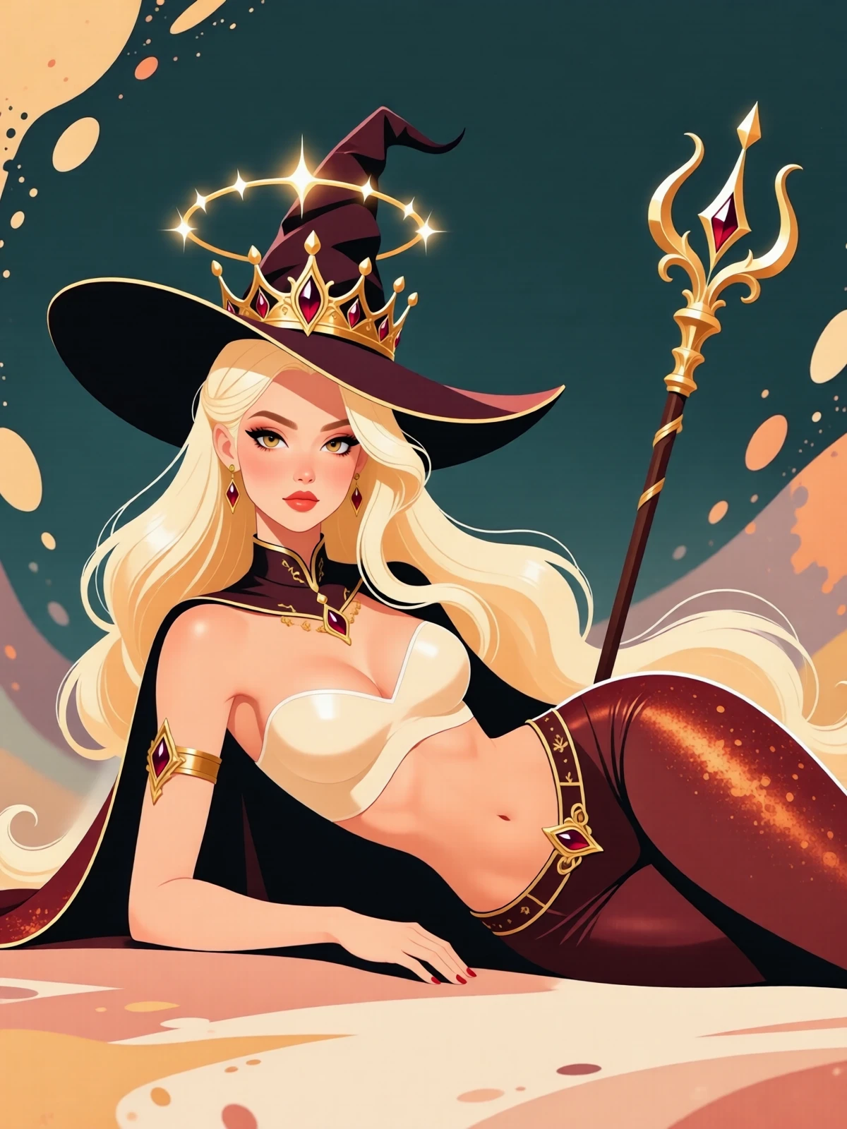 Minimalist flat vector art; flat colors; no lineart; simple shapes; soft, subtle gradients;  A slim, toned, atheletic woman with medlim infra light palegoldenrod hair, wearing Witch queen crown circlet with layered train and staff cradle  Pose: lying on side  background: 3-dimensional,splotchy abstract image, Paleocore style  color scheme: sparkling bright palegoldenrod and corroded maroon metal <lora:QwenVectorPinup_v1:1.0> <lora:Qwen-Image-Lightning-4steps-V1.0-bf16:1.0>