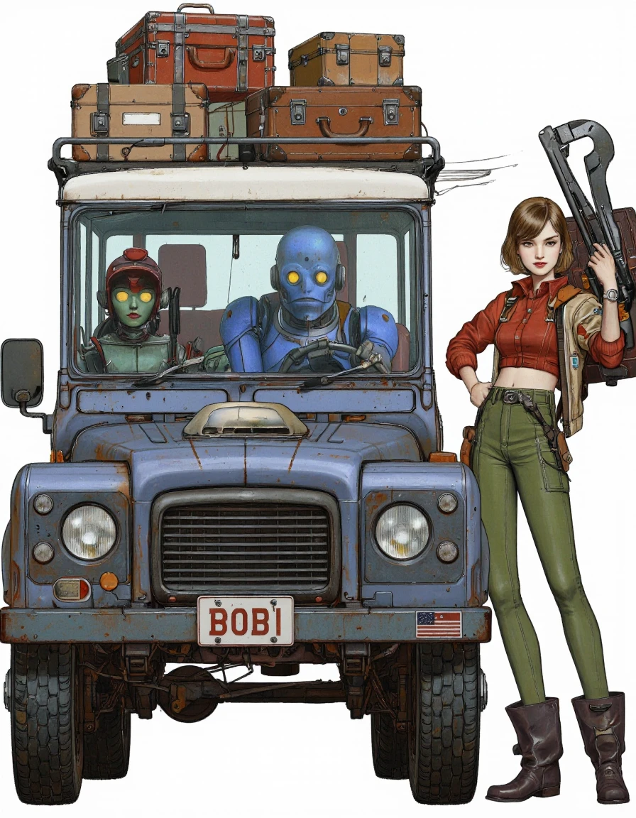 SerBira Style. A digital illustration shoot from the front about a stylized illustration of a woman and a robot driving a vintage vehicle with luggage on top. the image also shows a robot with glowing yellow eyes driving the vehicle, with boxes on the roof. on the right side of the image, a young woman with short brown hair, wearing a red crop top and green pants, stands confidently next to the vehicle. she is holding a wrench in her right hand and has a determined expression on her face. the robot is sitting in the driver's seat, with its blue and metallic body visible. the vehicle has a license plate that reads "BOBI". the background is plain white.
1girl, long hair, , looking at viewer, smile, short hair, shirt, blonde hair, holding, closed mouth, brown eyes, standing, jacket, white background, hat, full body, weapon, pants, cropped jacket, holding weapon, two-piece suit, sci-fi, weapons, car, robot, helmet, cargo pants, suitcase