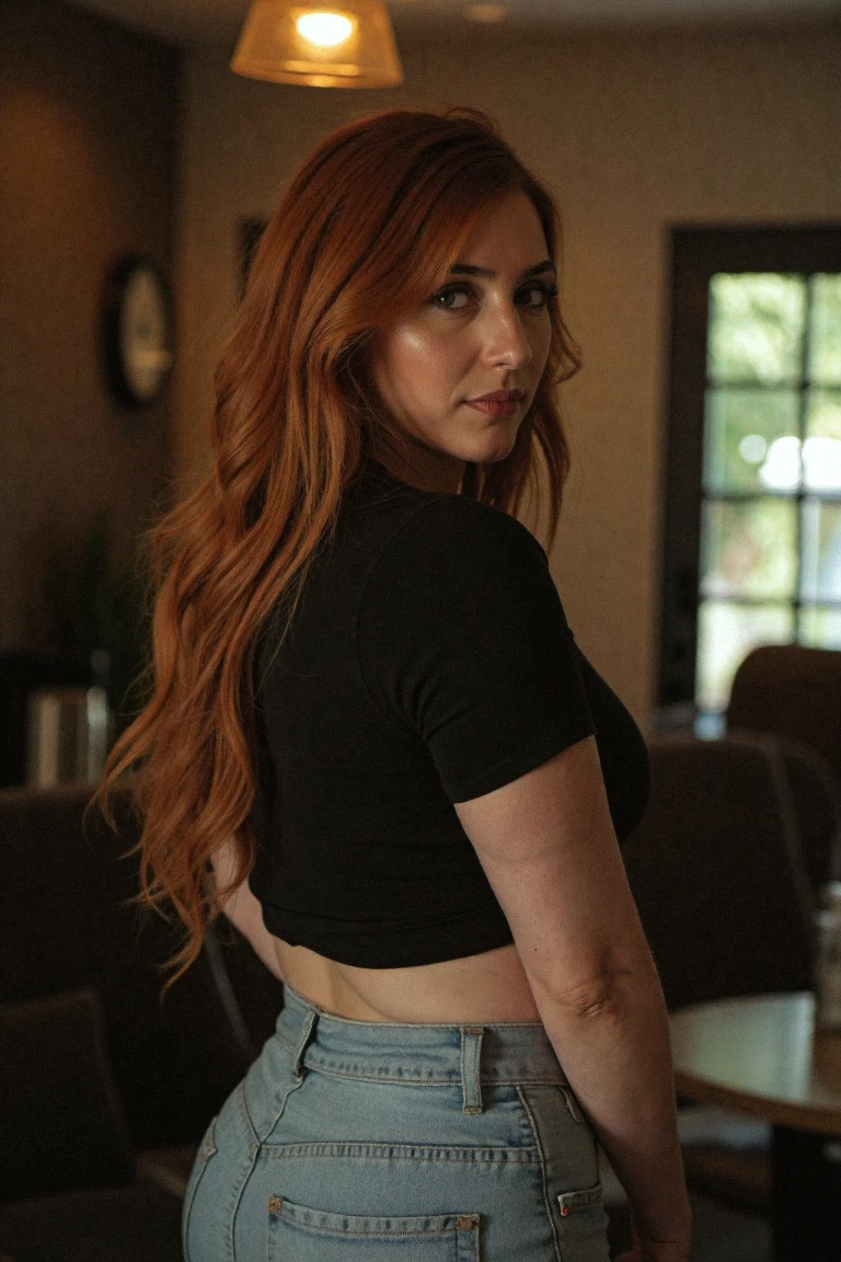 35mm film, Kodak Portra 400, fine grain, soft natural light, shallow depth of field, cinematic color grading, high dynamic range, realistic skin texture, subtle imperfections, light bloom, organic tones, analog feel, vintage lens flare, overexposed highlights, faded colors, film vignette, bokeh, candid composition.
Ohwx_woman, mature woman, 35 year old, milf, innocent shy expression. melancholy, moody environment, 90s retro aesthetic,
slim waist, wide hips, natural sagging breasts, hourglass figure,
Picture taken from behind, focus on her bubble butt, huge ass,
wearing a body hugging black t-shirt, jeans that hug her butt,
indoor setting, dark environment, low light, low contrast, low exposure, dark and noisy picture. candid picture, amature photography