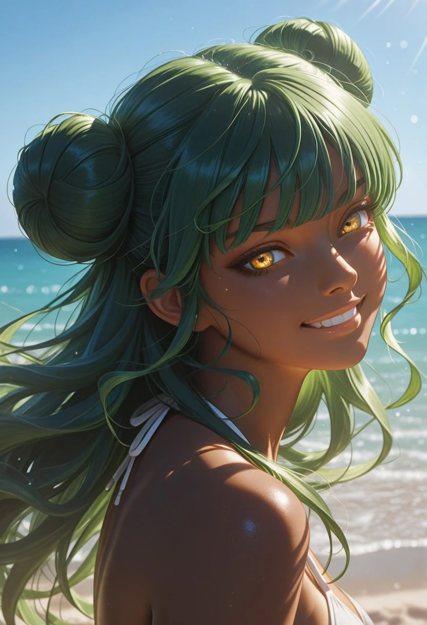 score_9, score_8_up, score_7_up,portrait , best quality, masterpiece, nemesis, full color, double bun, green hair, yellow eyes, smile, bikini, from side, long hair, dark skin, , realistic,sunny day in background, running on the beach, grin,