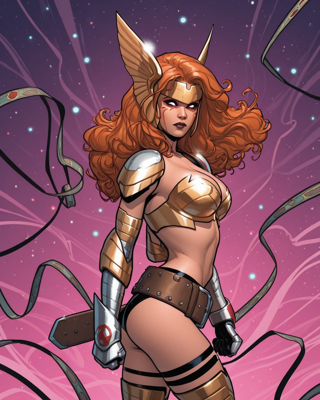 masterpiece, best quality, absurdres, perfect quality, absolutely eye-catching, source_comics, western comics (style), <lora:SaraPichelliStyleIllus:1> sarapstyle, <lora:AngelailluLoRA:1> angela, long hair, forehead protector, winged helmet, white eyes,no pupils, red facepaint, streamers, cleavage, bikini armor, pauldrons, gauntlets, bracer, midriff, huge belt, loose belt, panties, thigh strap, boots, cowboy shot, contrapposto, looking at viewer, dynamic angle, ass