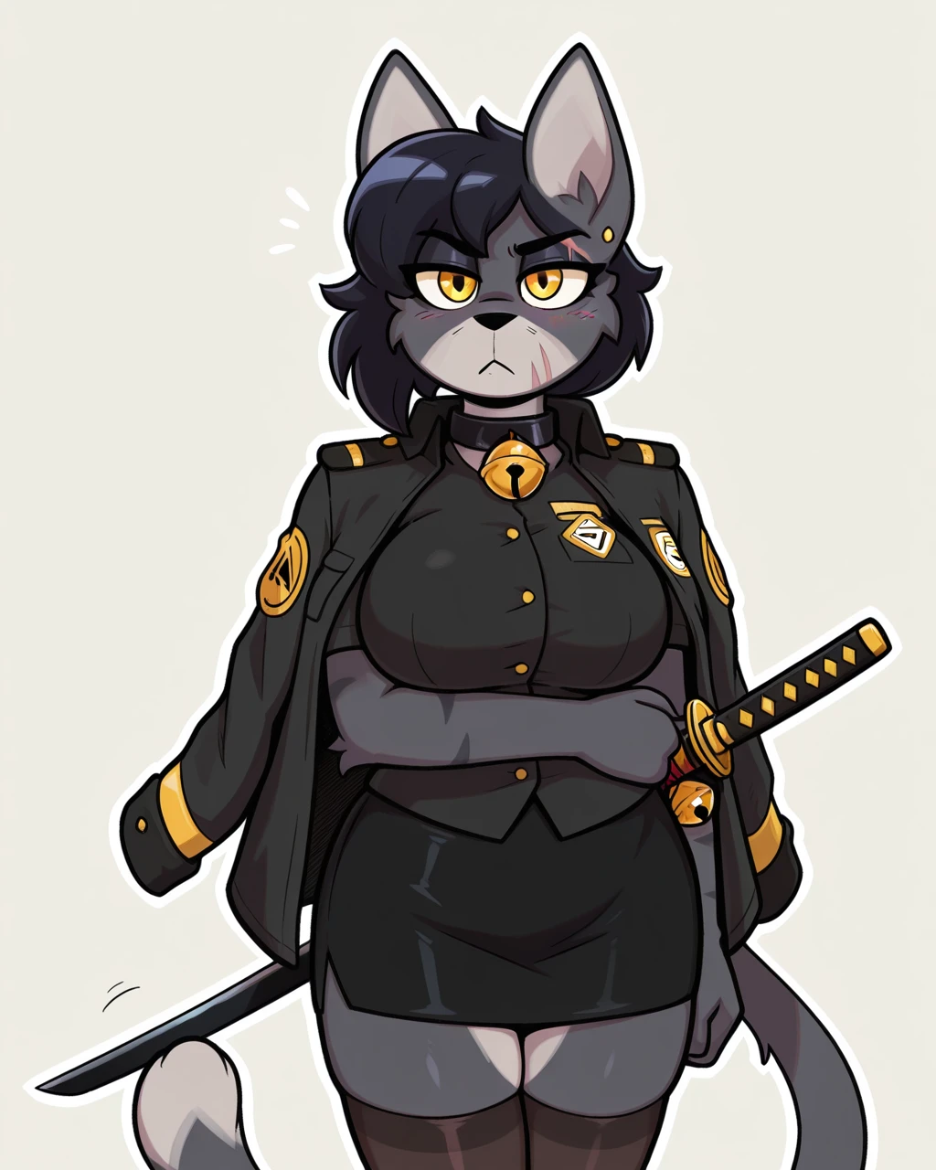 masterpiece,best quality,amazing quality, female, furry, cat, (half-length portrait:1.2), yellow eyes, black hair, short hair, cat tail, grey body, grey fur, hair accessory, ear piercing, uniform, black shirt, bell collar, bell, facial scar, stockings, jacket on shoulders, katana, , short skirt, pencil skirt, neutral expression, solo, looking at viewer, white outline, simple background, <lora:Cobalt_Snow_Ill:0.6> <lora:The-Minuscule-Task_Style_Lora_Illustrious:0.4> <lora:goopystem_ILL:0.5> <lora:Rose_Toge_WirelessShiba_ILLUS:1>
