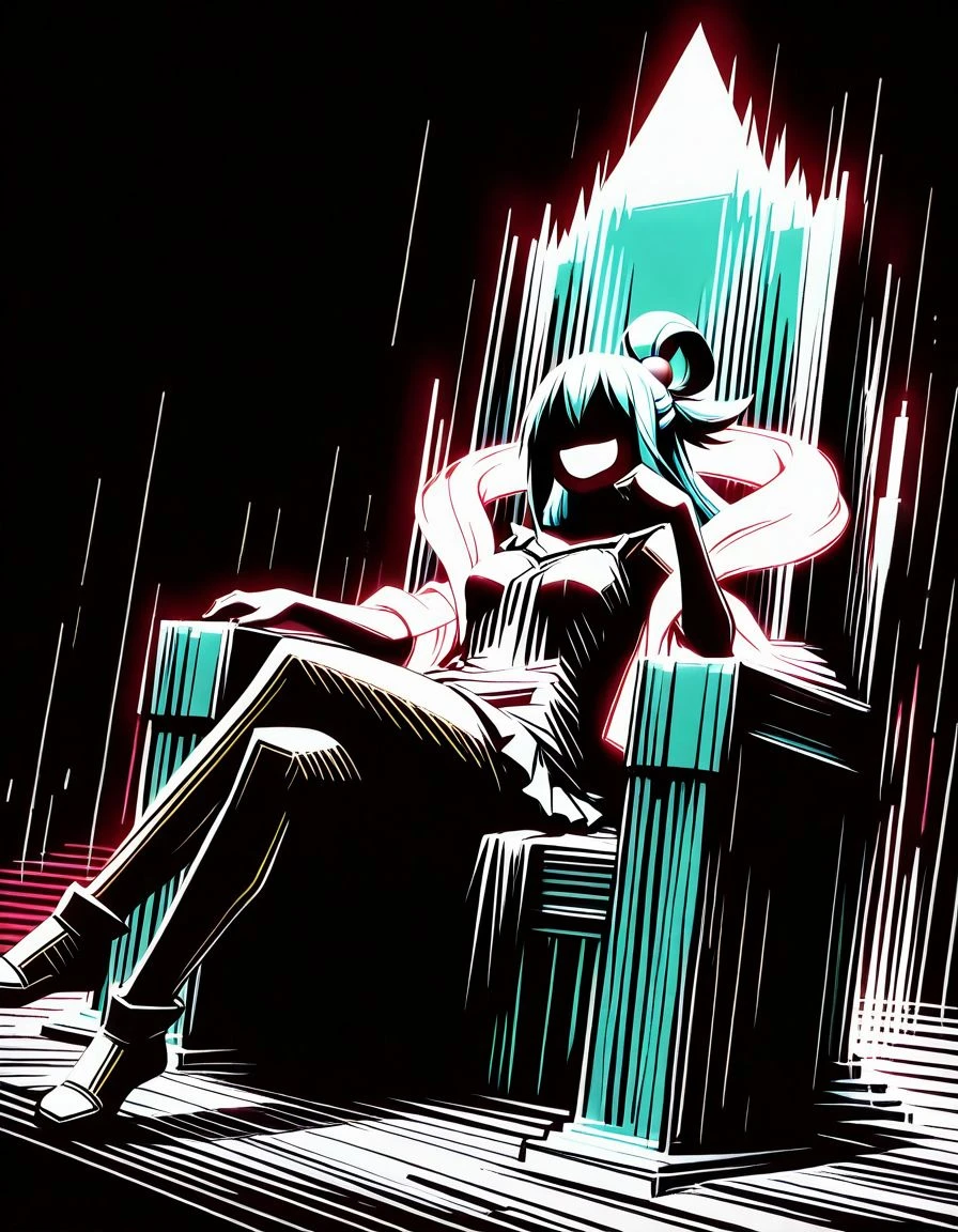 masterpiece, best quality, <lora:Navi_PrideStrokes_IL_1.5:0.9>, limited palette, glow, black theme ,
1girl, grin, aqua \(konosuba\), sitting, crossed legs, arm support, looking down, head on hand, throne, dutch angle, hagoromo , black background