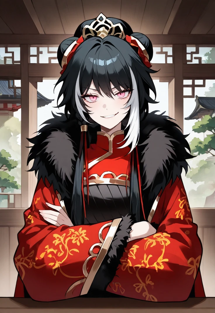 masterpiece, perfect face, beautiful face, perfect hands, beautiful hands, <lora:Jia_Xichun_Limbus_Illustrious_V2:1>, 1girl, solo, JiaXichunLimbus, JiaXichunHierarch, long hair, multicolored hair, black hair, white hair, multiple hair bun, long sade braids, red hair ornament with gold trim, pink eyes, red coat, black fur trim, china dress, red sleeves, wide sleeves, gold trim, slit left side, upper body, crossed arms, indoors, east asian architecture, looking at viewer, smirk