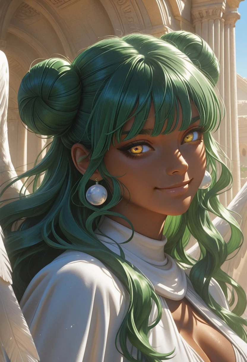 score_9, score_8_up, score_7_up,portrait , best quality, masterpiece, nemesis, full color, double bun, green hair, yellow eyes, smile, earrings, from side, long hair, dark skin, wings, realistic,sunny day in background, greek temples in background,, , , cleavage, face close-up, portrait,