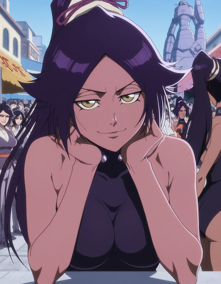 masterpiece, best quality, amazing quality,, <lora:yoruichi-shihouin-tybw-illustriousxl-lora-nochekaiser:1>, yoruichi shihouin, long hair, black hair, ponytail, dark skin, dark-skinned female, high ponytail, yellow eyes, mature female, breasts, anime screencap, bare shoulders, leotard, black leotard,, street market, vendor, street food, bustling crowd, local flavor, vibrant, smile, head rest, looking at viewer, solo,, cowboy shot, solo