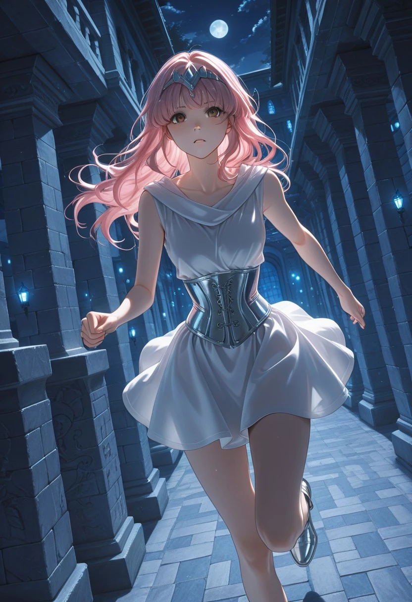 score_9, score_8_up, score_7_up, , best quality, masterpiece, full color, 1girl, pink hair,brown eyes, silver circlet,  corset, white dress, short dress, running, in a stone maze, night time, dynamic angle