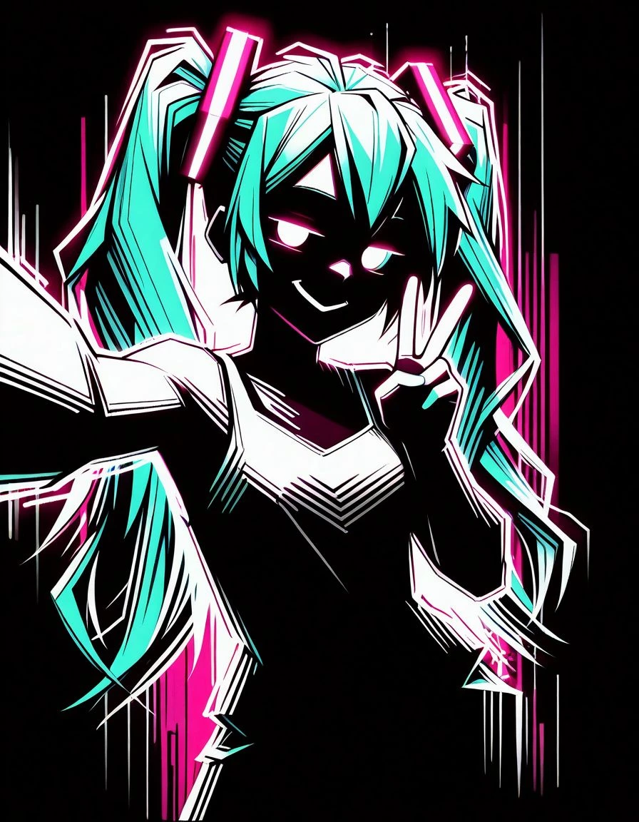 masterpiece, best quality, <lora:Navi_PrideStrokes_IL_1.5:0.9>, limited palette, glow, black theme ,
1girl,hatsune miku, upper body, smug, looking at viewer, selfie, v, from above,cowboy shot, (dynamic pose:0.5),