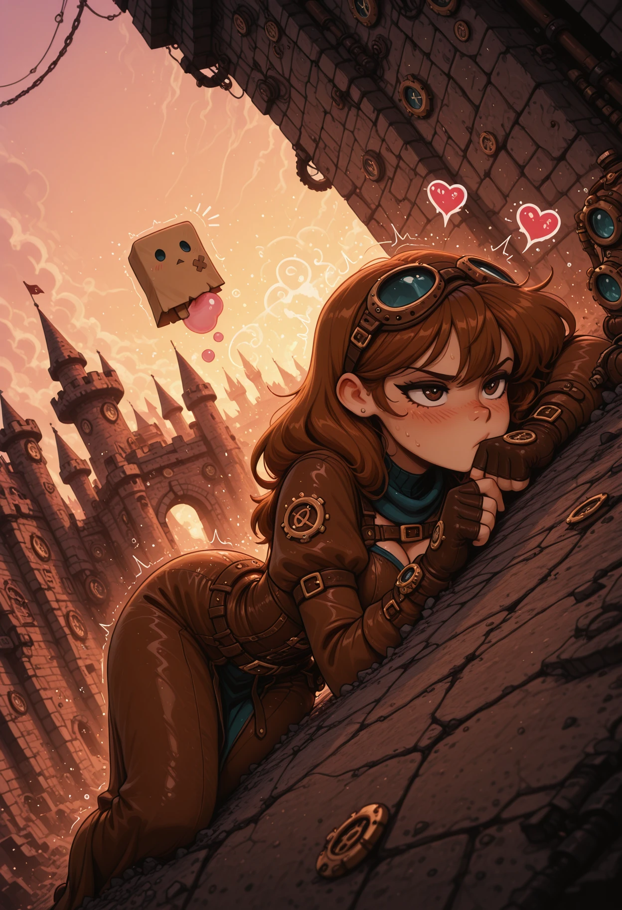 newtooncore, masterpiece, best quality, 1girl, Retro Anime Style, Dutch Angle, Ruin, castle, crumbling, steampunk, goggles, leather, dress, childhood friend, tsundere, embarrassed, stuck, hair, gum, overprotective, sibling, crumpled, lying, sideways, hand, head, heart-shaped, sunglasses, assistant, help, rescue, save, friend, love, care, protect
