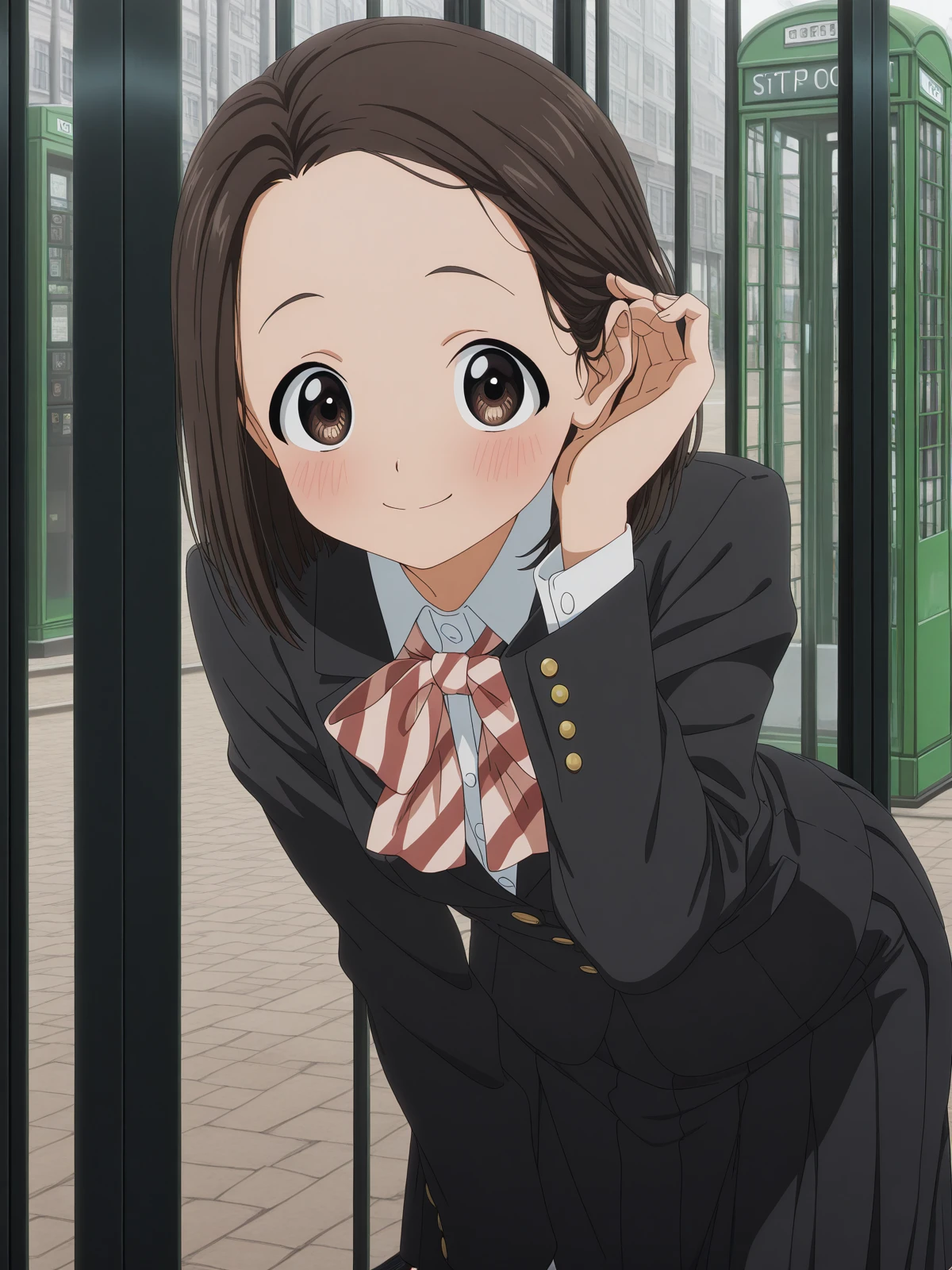 masterpiece, best quality, amazing quality,, <lora:touko-usagihara-s1-illustriousxl-lora-nochekaiser:1>, touko usagihara, short hair, brown hair, brown eyes, medium hair, forehead, anime screencap,, skirt, long sleeves, jacket, black skirt, black jacket, blazer, bow, bowtie, stripped, stripped bowtie,, <lora:tucking-hair-illustriousxl-lora-nochekaiser:1>, tucking hair, adjusting hair, hand on own hair, hair behind ear, smile, bent over, leaning forward, blush, hand up,, phone booth, glass, phone, street, retro, cowboy shot, solo, looking at viewer,