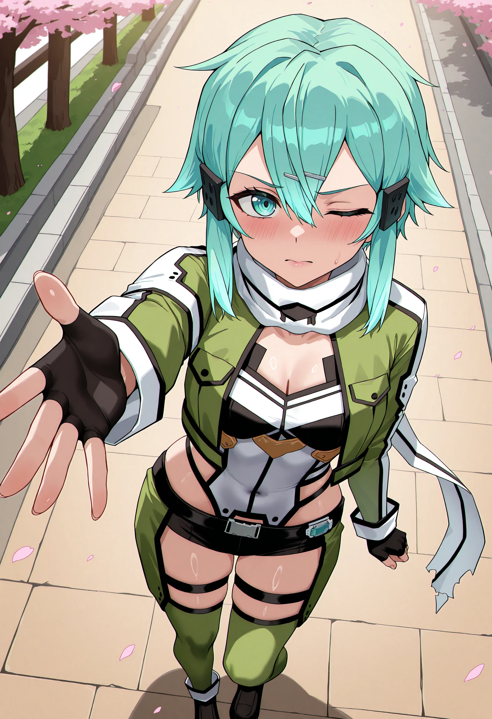 street, cherry blossoms, outdoors, looking at viewer, close-up, from above, foreshortening, one eye closed, sinon, aqua hair, aqua eyes, hairclip, hair ornament, sidelocks, short hair with long locks, hair between eyes, black shorts, leotard, thigh strap, cropped jacket, green jacket, short shorts, white scarf, fingerless gloves, green pants, sideless legwear, full body, floor, <lora:HellToYou_style_IllustriousXL:0.9>, HellToYou, looking at viewer,  <lora:sinon_sao_illust_scarxzys:1>, masterpiece, best quality, amazing quality