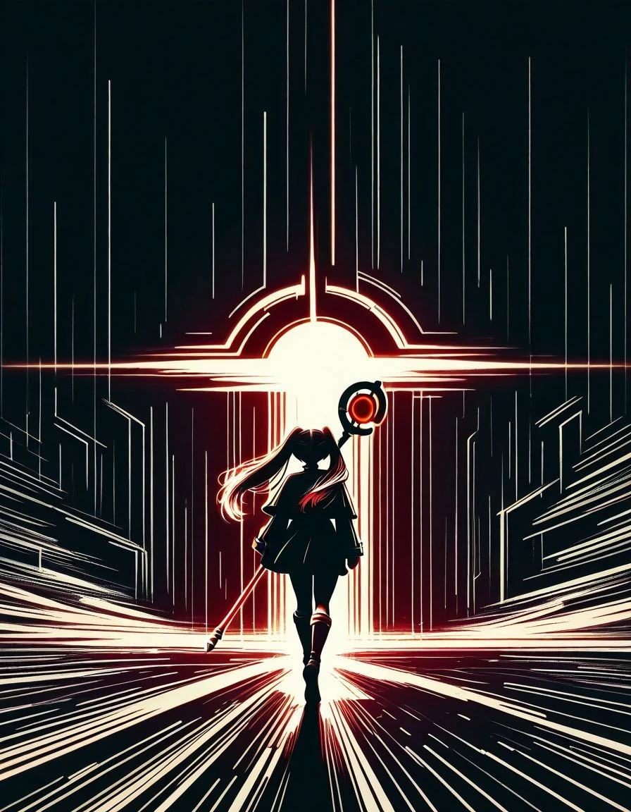 masterpiece, best quality, <lora:Navi_PrideStrokes_IL_1.5:0.8>, limited palette, glow, black theme,
frieren, holding staff, 1girl, walking, hair flowing , perspective, black hole,