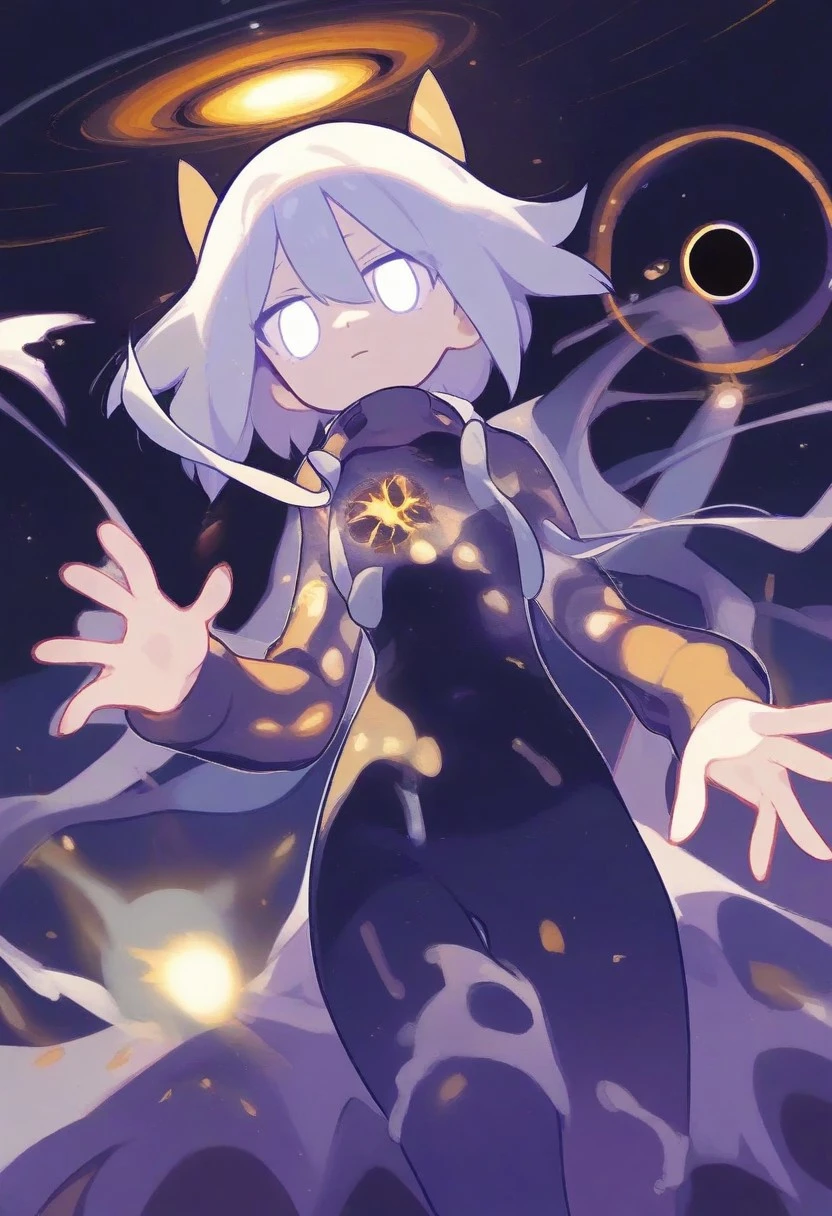 snwdctl, 1girl, white eyes, no pupils, glowing eyes, cosmic body, casting spell, holding black hole
