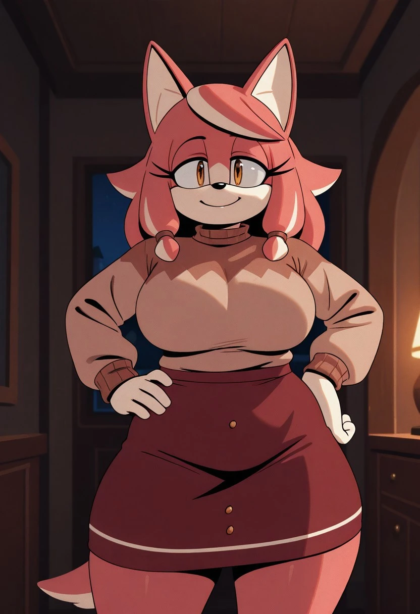 solo female, Conductor's Wife, furry, pink fur, white muzzle. amber eyes, pink tail, brown sweater, long red skirt, hand on hip, house, indoors, night, big breasts, curvy, busty, thick thighs, (high quality, masterpiece, cinematic lighting, highres, 4K UHD)