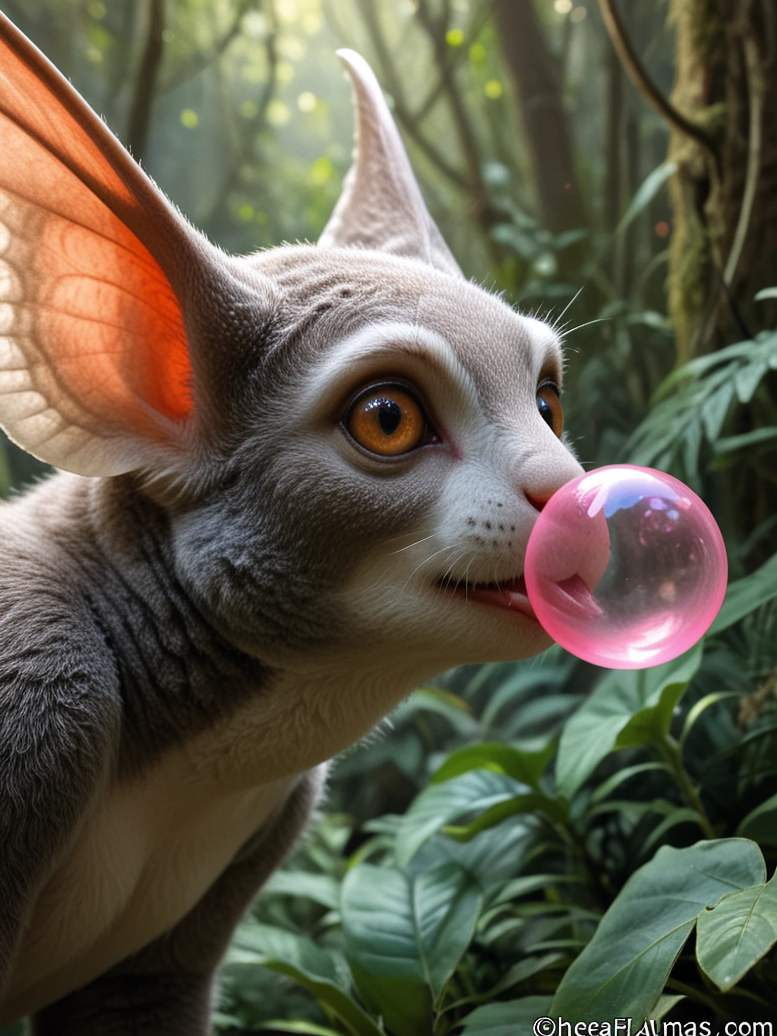  ethereal fantasy concept art of  flying lemur, closeup on face, jungle, blowing bubble gum bubble, photorealistic,  . magnificent, celestial, ethereal, painterly, epic, majestic, magical, fantasy art, cover art, dreamy