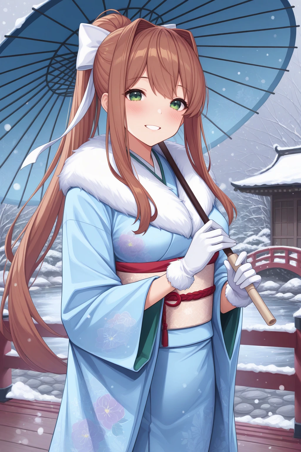 masterpiece, best quality, looking at viewer, smile, teeth, blush, 1girl, m0n1k4, , green eyes, very long hair, brown hair, hair intakes, long sidelocks, ponytail, hair bow, white bow, hair ribbon, white ribbon, fur-trimmed kimono, furisode, fur gloves, floral print, holding umbrella, oil-paper umbrella, winter, snowing, tree, wooden bridge, pond, east asian architecture, <lora:Hoseki_DokiDokiLiteratureClub!_Monika_IllustriousXL_v1:1>