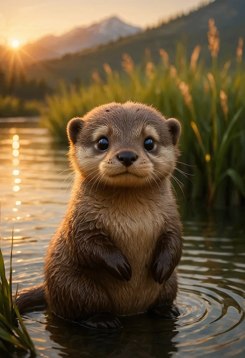 otter reclining on riverbank at sunset, golden reflections on water, reeds swaying in breeze, distant mountains blurred in background, soft depth of field, natural cinematic photography style, mobe-fcc,