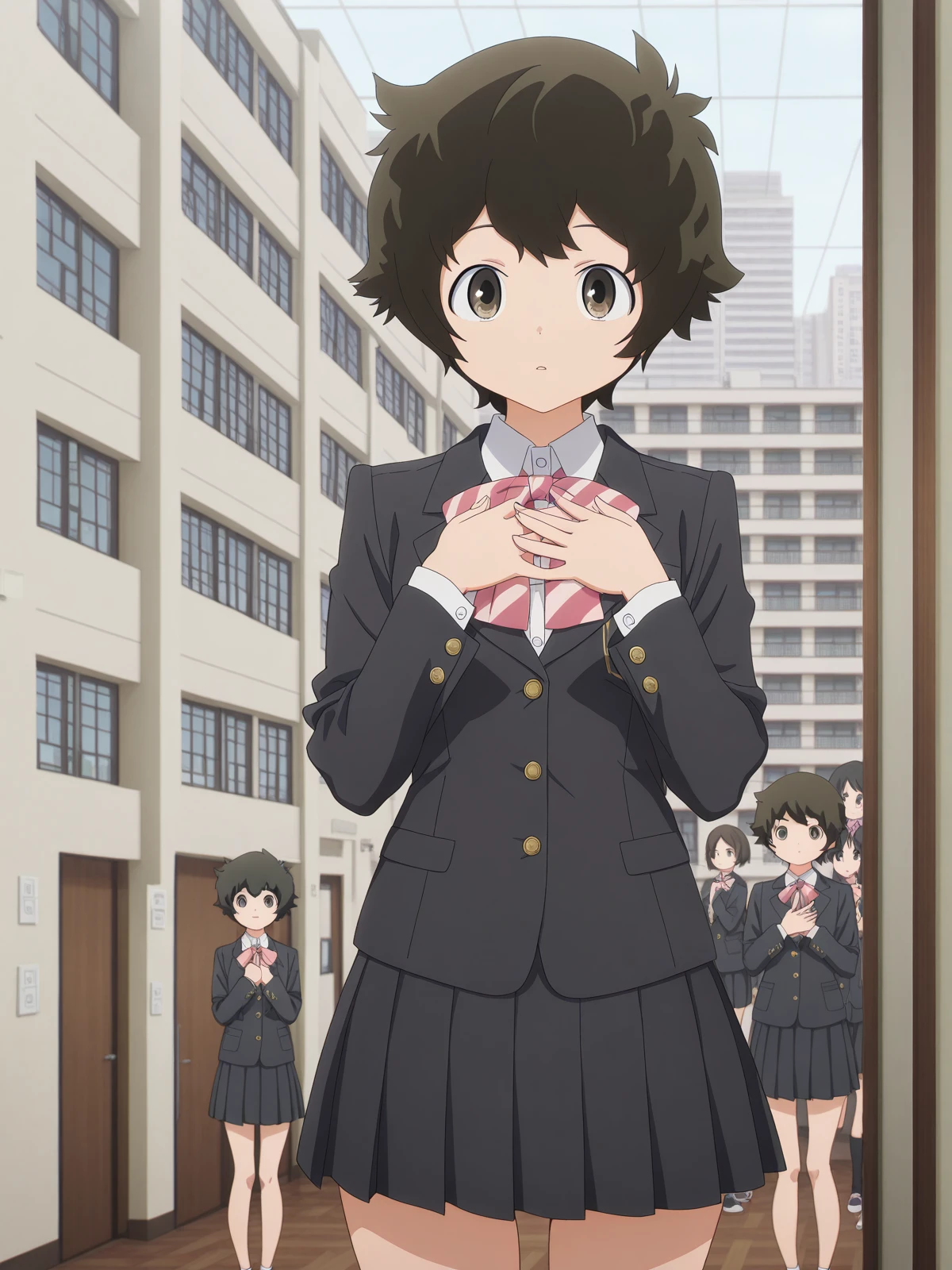 masterpiece, best quality, amazing quality,, <lora:minoru-ookuma-s1-illustriousxl-lora-nochekaiser:1>, minoru ookuma, short hair, brown hair, black hair, brown eyes, anime screencap,, skirt, long sleeves, jacket, black skirt, black jacket, blazer, bow, bowtie, stripped, stripped bowtie,, hands on own ,, apartment, building, rooms, residents, balconies, cowboy shot, solo, looking at viewer,