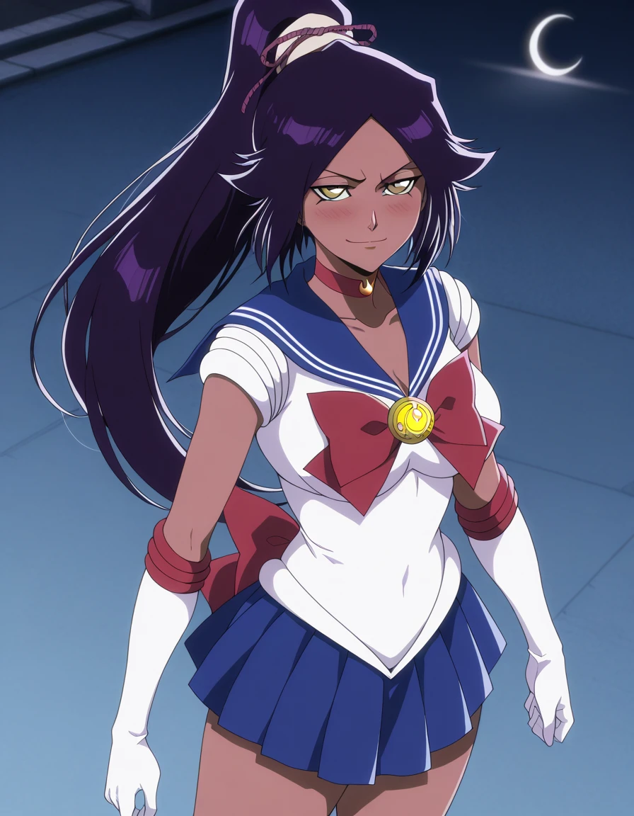 masterpiece, best quality, amazing quality,, <lora:yoruichi-shihouin-tybw-illustriousxl-lora-nochekaiser:1>, yoruichi shihouin, long hair, black hair, ponytail, dark skin, dark-skinned female, high ponytail, yellow eyes, mature female, breasts, anime screencap, <lora:sailor-moon-cosplay-ponyxl-lora-nochekaiser:1>, sailormooncosplay, sailor moon (cosplay), back bow, blue sailor collar, blue skirt, boots, bow, brooch, choker, crescent moon, elbow gloves, gloves, jewelry, knee boots, magical girl, pleated skirt, red bow, red choker, ribbon, sailor collar, sailor senshi uniform, skirt, white gloves,,, outdoors, streets, smile, blush, , cowboy shot, solo