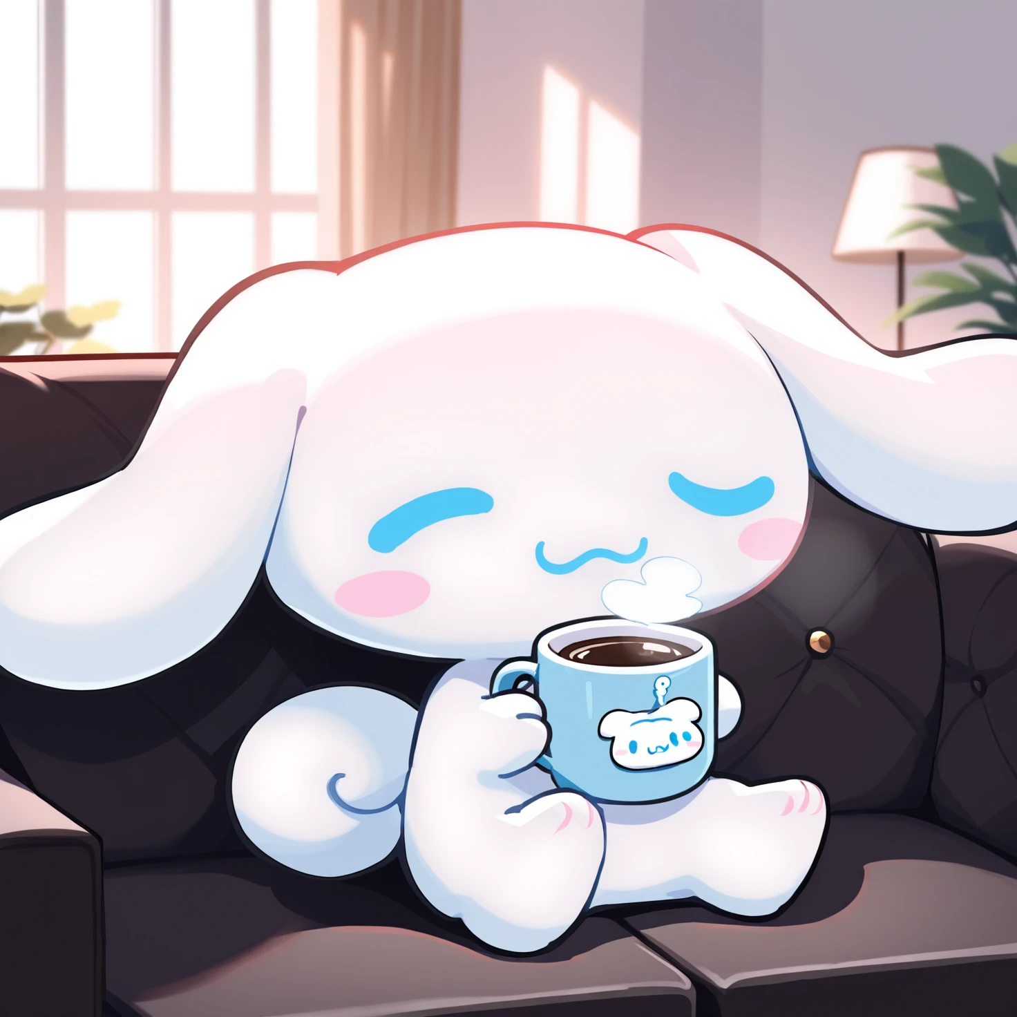 cinnamoroll, sanrio, light smile, holding cup, coffee mug, indoors, sitting on couch