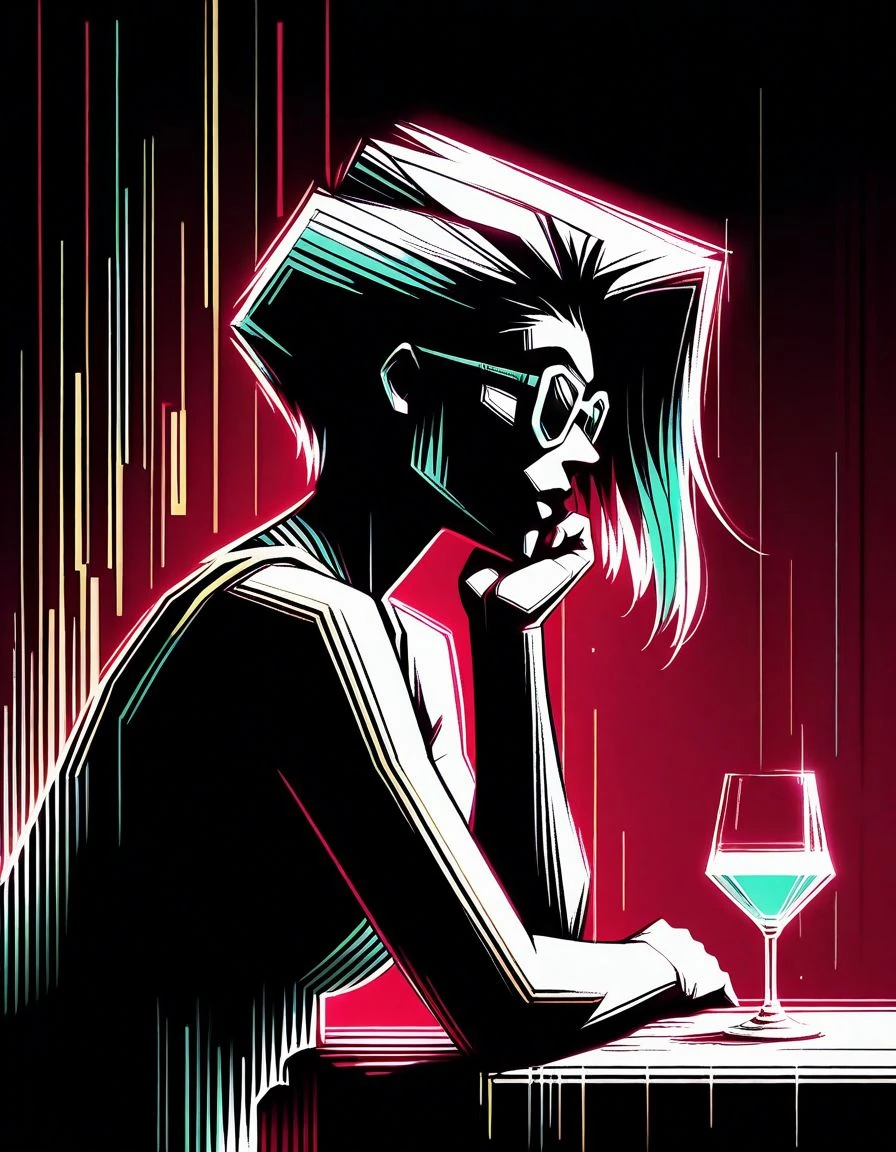 masterpiece, best quality, <lora:Navi_PrideStrokes_IL_1.5:0.9>, limited palette, glow, black theme ,
1girl, mature female, close-up, faye valentine, sunglasses, upper body, arm support, glass cup,