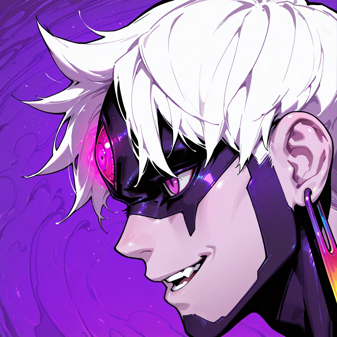 <lora:EVIL_EYE:1>
evil eye, solo, smile, open mouth, short hair, 1boy, purple eyes, white hair, male focus, teeth, pink eyes, blurry, from side, profile, glowing, earrings, facial mark, portrait, close-up, purple background, forehead jewel, purple theme, red eyes
, film grain, abstract, cinematic, dynamic view, very awa, masterpiece, best quality, absurdres, newest, perfect quality, detailed background, intricate details, (artist:fl \(l-fl\):0.7), (artist:tooboshoo:0.7), (artist:dizdoodz:0.8)