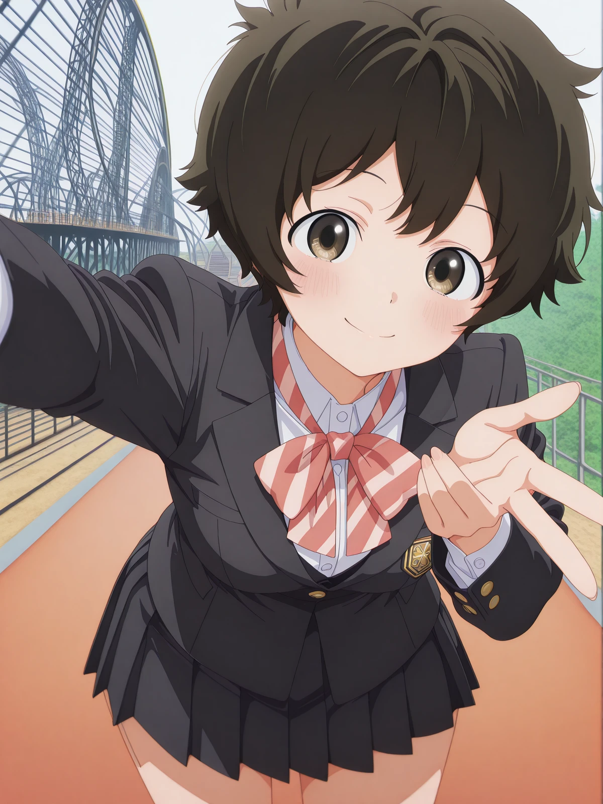 masterpiece, best quality, amazing quality,, <lora:minoru-ookuma-s1-illustriousxl-lora-nochekaiser:1>, minoru ookuma, short hair, brown hair, black hair, brown eyes, anime screencap,, skirt, long sleeves, jacket, black skirt, black jacket, blazer, bow, bowtie, stripped, stripped bowtie,, <lora:gyaru-v-illustriousxl-lora-nochekaiser:1>, gyaruv, solo, looking at viewer, blush, smile, standing, one eye closed, leaning forward, reaching, selfie, reaching towards viewer,, roller coaster, tracks, speed, fun, thrill, cowboy shot, solo, looking at viewer, <lora:transparent-background-illustriousxl-lora-nochekaiser:1>, transparent background, simple background, white background