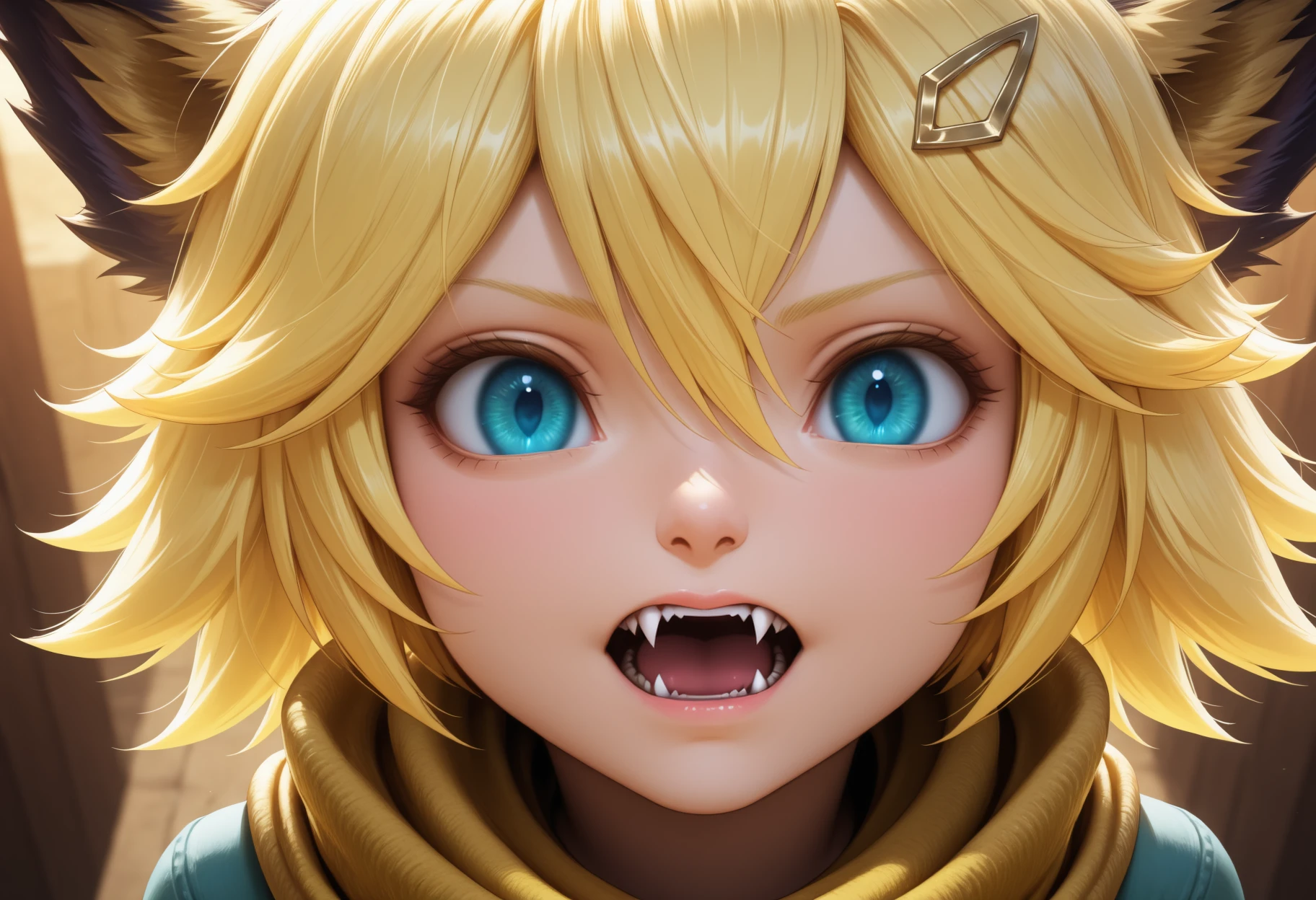 blonde hair, short hair, animal ears, hair between eyes, blue eyes, hairclip, fangs, yellow scarf, close-up, portrait, <lora:joy_mlbb:1>
