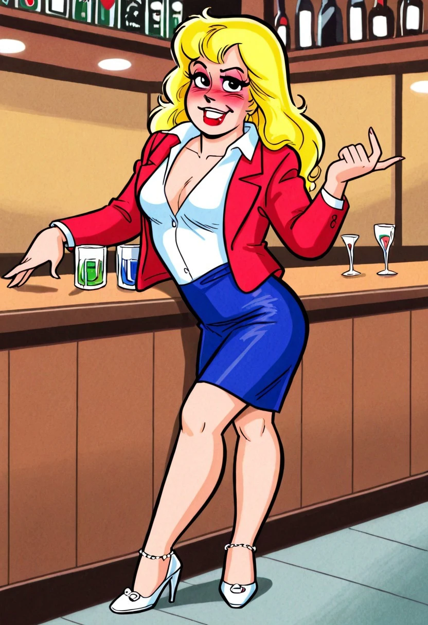 perfect , perfect eyes, close-up, eyes, face, drunk, blush, ((looking at viewer)), arched back, regal pose, teasing viewer, beckoning viewer, relaxing at luxurious bar, indoors,
Betty, 1girl, solo, blonde hair, long hair, , lipstick, red lips, makeup retro artstyle, 1980s (style), collared shirt, white shirt, red jacket, blue skirt, skirt, high heels