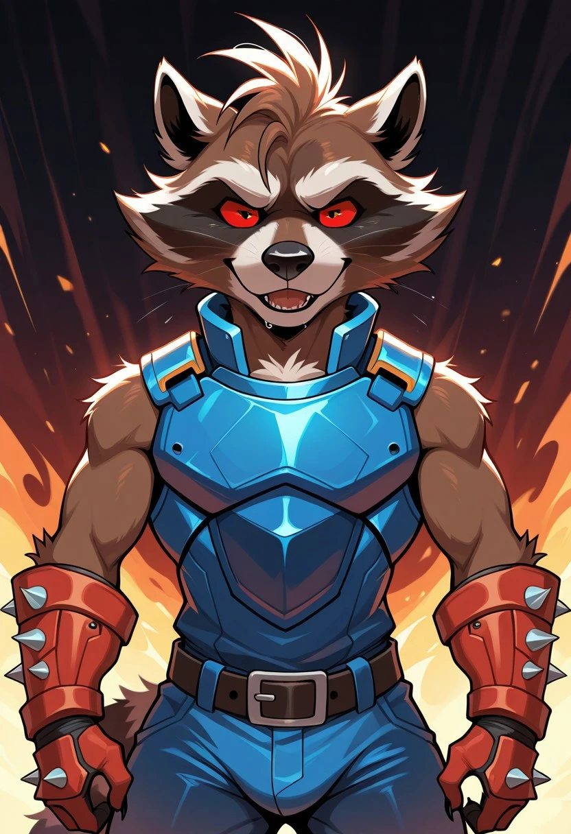 Safe_pos,masterpiece,best quality,amazing quality,1man,solo,anthro,R0ck3t R4c00n,raccoon,brown fur,red sclera,red eyes,blue armor,belt,spiked gauntlet