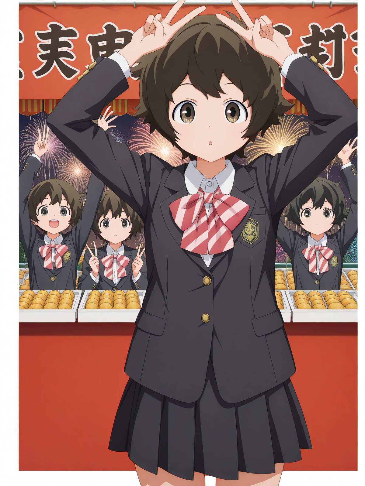 masterpiece, best quality, amazing quality,, <lora:minoru-ookuma-s1-illustriousxl-lora-nochekaiser:1>, minoru ookuma, short hair, brown hair, black hair, brown eyes, anime screencap,, skirt, long sleeves, jacket, black skirt, black jacket, blazer, bow, bowtie, stripped, stripped bowtie,, v,, festival, fireworks, summer night, food stall, traditional, arms up, cowboy shot, solo, looking at viewer, <lora:transparent-background-illustriousxl-lora-nochekaiser:1>, transparent background, simple background, white background