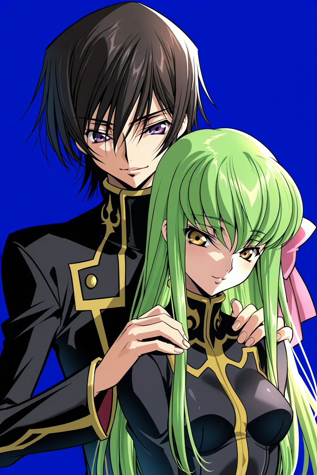 1boy,1girl,black_hair,black_jacket,blue_background,bow,c.c.,closed_mouth,code_geass,couple,creayus,fingernails,green_hair,hair_between_eyes,hair_bow,hands_on_another's_shoulder,hetero,jacket,lelouch_vi_britannia,long_hair,long_sleeves,looking_at_viewer,m&m_\(mickey_and_mackey\),parted_lips,pink_bow,purple_eyes,simple_background,smile,standing,yellow_eyes