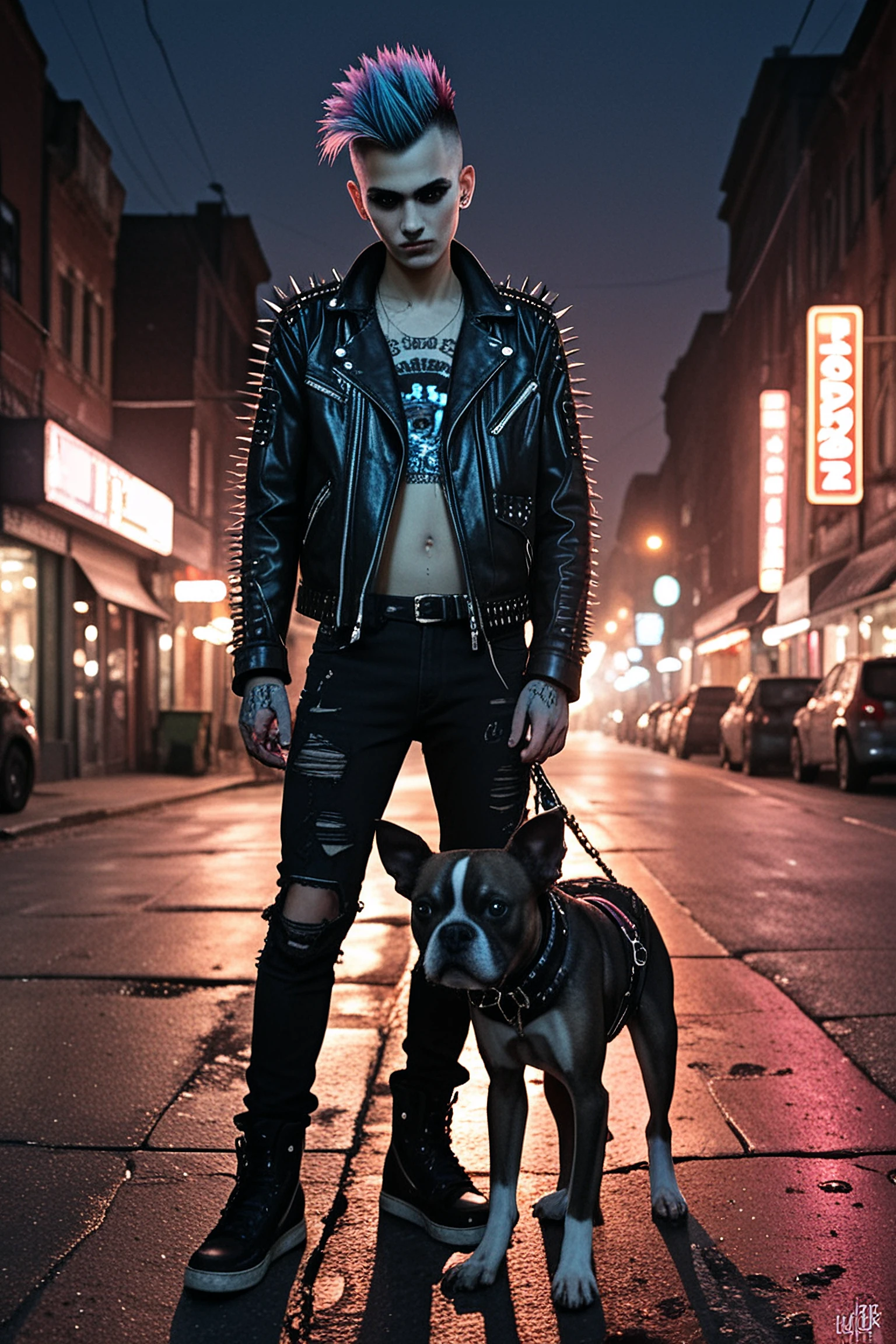 grunge style front view, street portrait of a futuristic punk 1boy with spiked mohawk and mirrored visor, holding a boston terrier, biker jacket surface woven from coconut fiber with frayed edges, wet pavement night city, volumetric haze, cinematic backlight, ultrarealistic fibers, 8K, neon_outlines . textured, distressed, vintage, edgy, punk rock vibe, dirty, noisy
