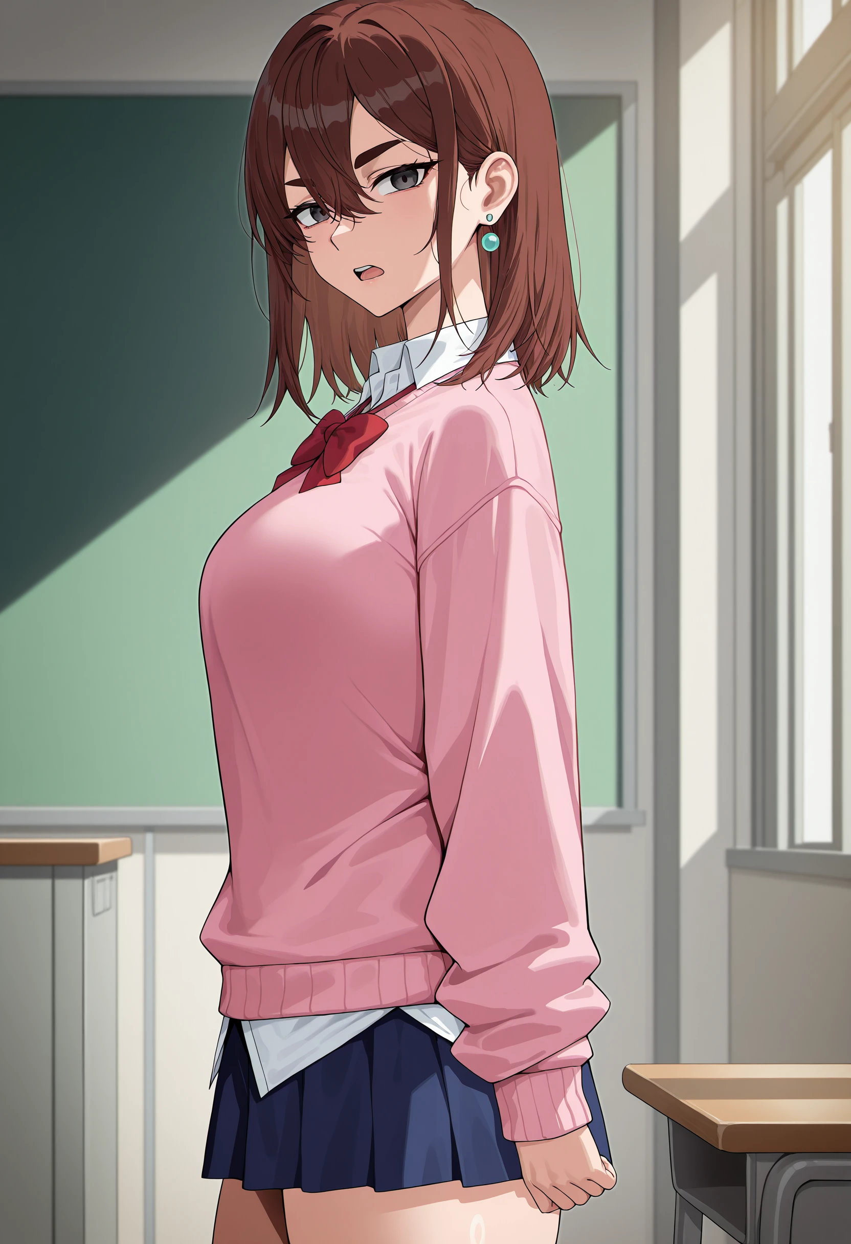 <lora:HellToYou_style_IllustriousXL:0.9>, HellToYou,
1girl, solo,
<lora:Momo_Ayase_Dandadan_V2:.85>, KJOmomo, brown hair, dark eyes, medium hair, hair between eyes, thick eyebrows, earrings,
white collared shirt, oversized pink pullover, long sleeves, red bow, blue short skirt, untucked shirt,
arm at side, serious, from side, looking at viewer, open mouth,
classroom, daytime,
(Beautiful, :1.2),, masterpiece, best quality, amazing quality