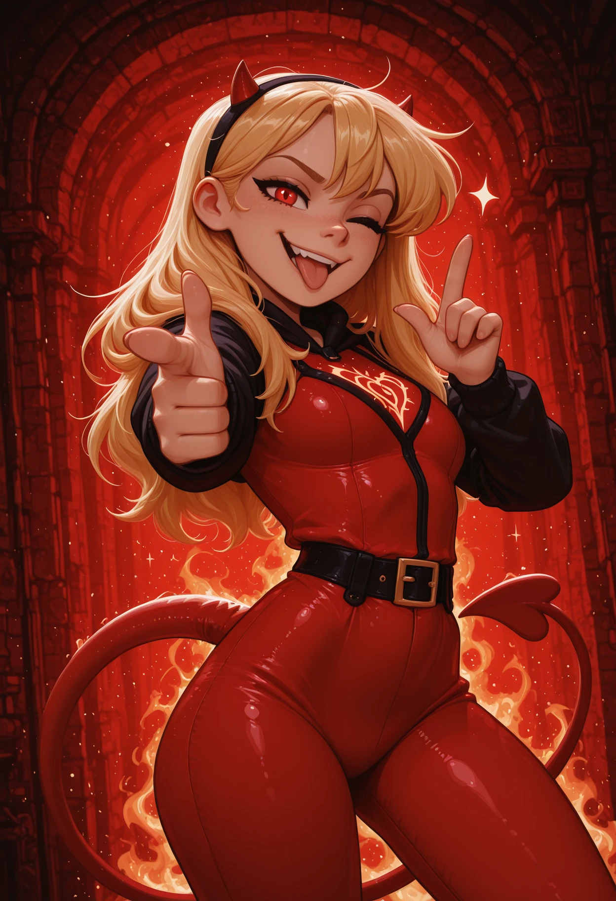 masterpiece, best quality, newtooncore, 1girl, long blonde hair, red devil costume, small horns, tongue out, confident expression, winking, finger gun gesture, pointing at viewer, mischievous smile, tight outfit, tail slightly curled, background glowing red, playful pose, dynamic angle, bold shadows, dramatic lighting, stylish attitude
