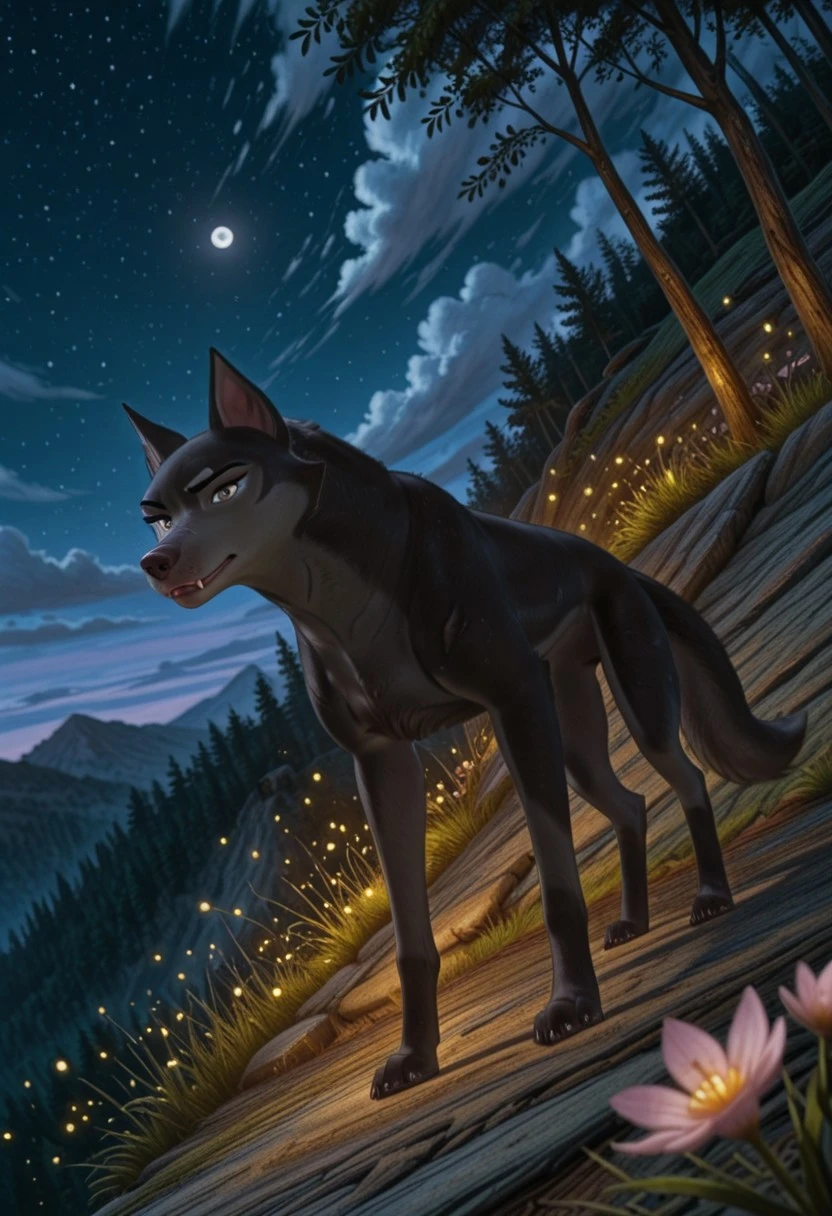 score_9, score_8_up, score_7_up, masterpiece, ultra-realistic, depth of field, traditional painting, ((cinematic)), (dynamic angle:1.2), (portrait), rule of thirds, foreground silhouette, ((focus on character)), particles, wind, fireflies, full body, looking at viewer, ((dim ambience)), sideways, sitting, night, flowers, fantastical, grass, nature, scenery, (midnight), small moon, mountain, cliff, (deciduous forest), clouds, solo, female, adult, (B4mi_und3rdog), (dog), feral, (slender physique:1.2), furry, (detailed fluffy fur), black fur, paws, claws, fangs, perfect eyes, (silver eyes), stern, tired