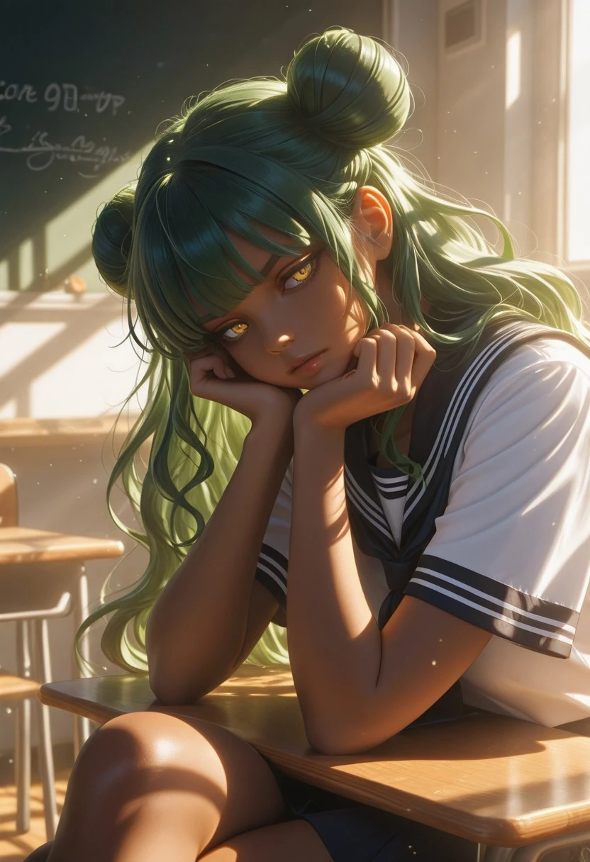 score_9, score_8_up, score_7_up,portrait , best quality, masterpiece, nemesis, full color, double bun, green hair, yellow eyes, bored, school uniform, sitting on desk in school, crossed legs, head resting on hand, elbow resting on desk,, from side, long hair, dark skin, , realistic,sunny day in background,