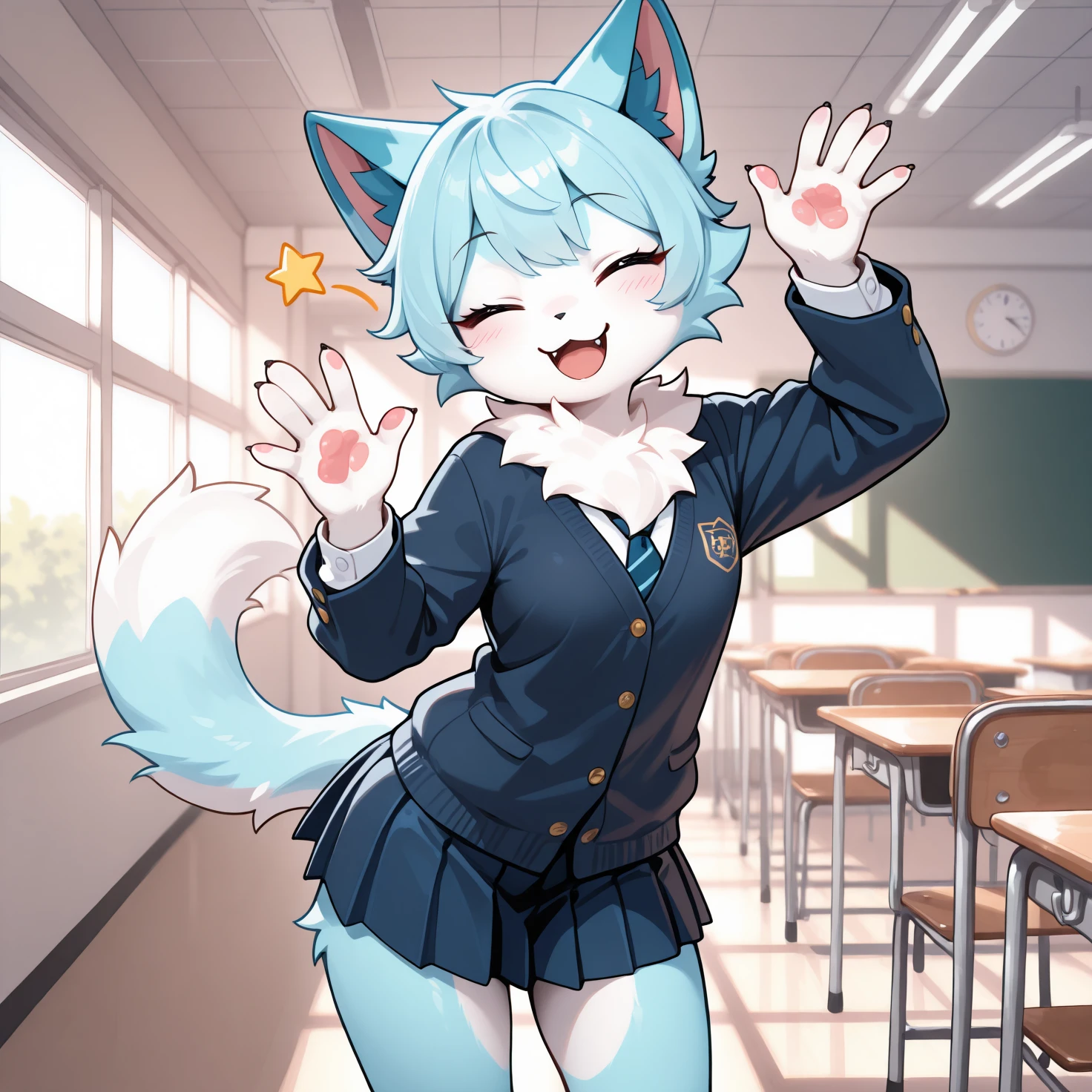 masterpiece, very absurdres, furry, cat, pose, wink, waving, indoors, school, blue fur, white fur, star