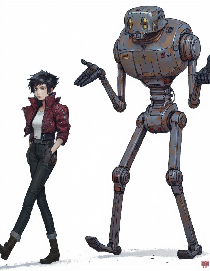 SerBira Style. A digital illustration shoot from the side about a stylized robot and a humanoid character in a futuristic, sci-fi setting. the image also shows a character with spiky black hair, wearing a burgundy jacket, black pants, and a white shirt, walking alongside a large, metallic, bipedal robot with glowing yellow eyes. on the left side of the image, a young woman with short, spiky hair and a determined expression is walking alongside the robot. she appears to be in her mid-twenties, with a slim body and small , wearing black pants and a red jacket with a futuristic design. the robot has a cylindrical shape with a flat top and a flat bottom, and is standing with its arms stretched out to the sides, pointing at the viewer with its right hand. both characters have a minimalist design, with the robot having a metallic finish and glowing yellow lights on its head. the background is plain white, and there is a watermark in the bottom right corner.
1girl, looking at viewer, short hair, simple background, white background, gloves, full body, jacket, long sleeves, black gloves, walking, pants, grey background, black hair