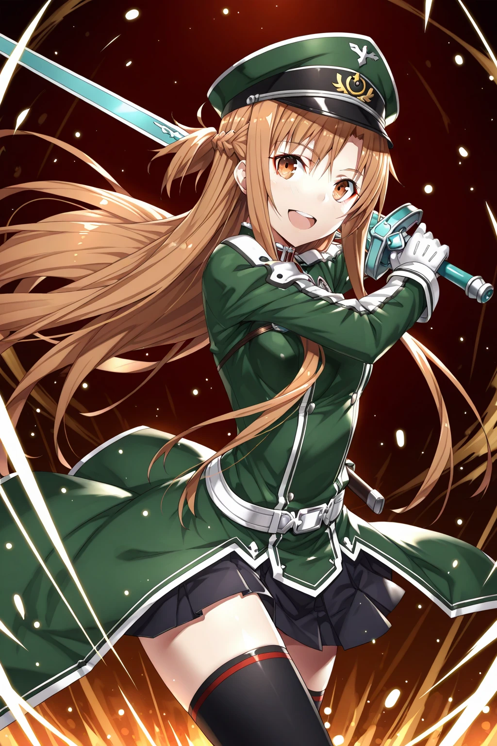 1girl,asuna_\(sao\),black_thighhighs,braid,brown_eyes,brown_hair,gabiran,gloves,half_up_braid,hat,highres,holding,holding_sword,holding_weapon,long_sleeves,looking_at_viewer,military,military_uniform,open_mouth,saber_\(weapon\),smile,sword,sword_art_online,teeth,thighhighs,thighs,upper_teeth_only,weapon,white_gloves,zettai_ryouiki