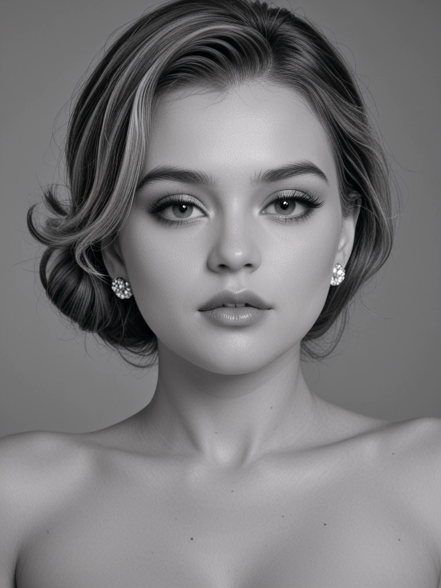 bb, monochrome, portrait, 1950s hairstyle, 50s makeup, jewelry, formal hairstyle, glamour, headshot, (looking at viewer), parted lips
