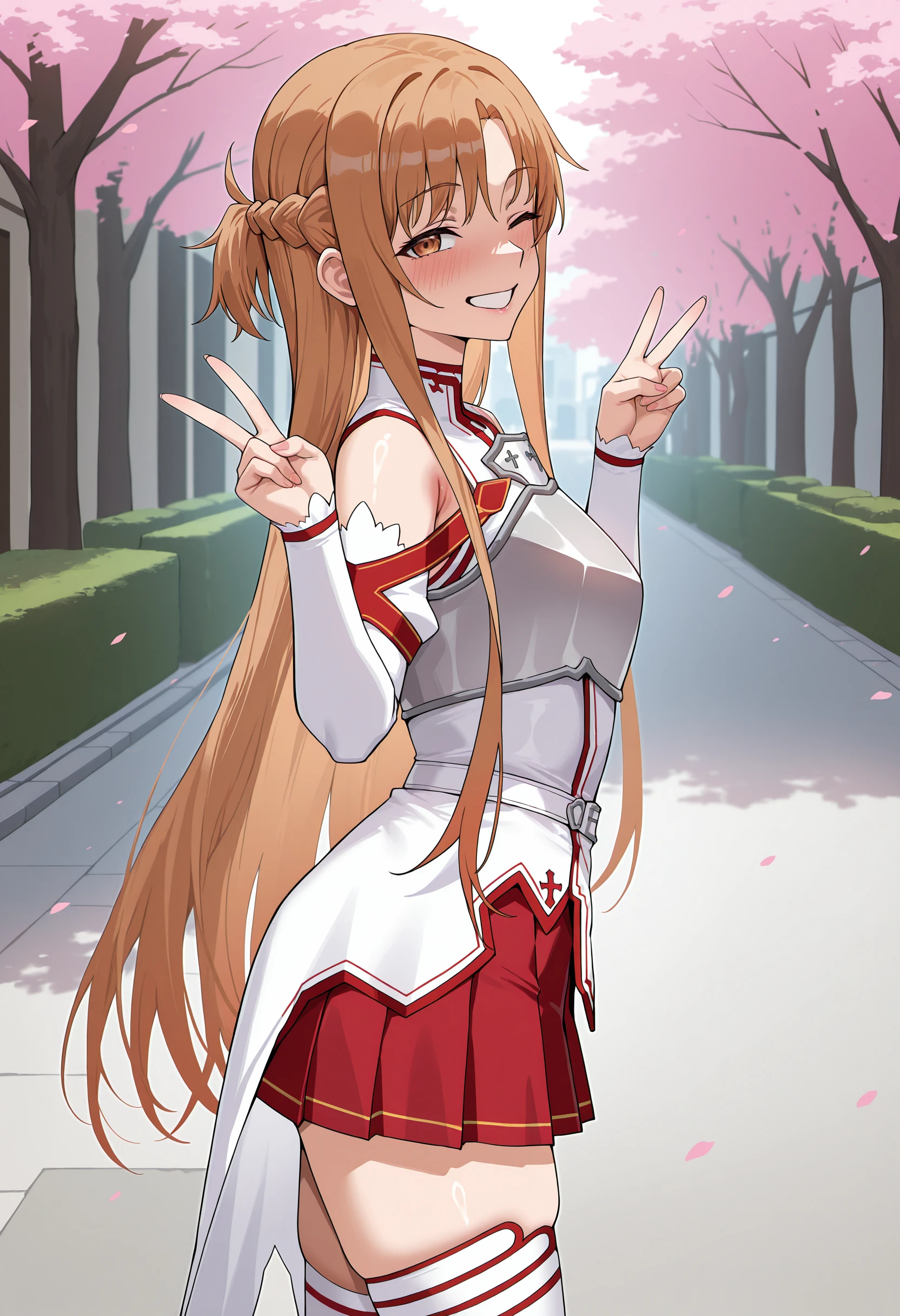 masterpiece, best quality, amazing quality, street, cherry blossoms, outdoors, looking at viewer, close-up, from side, double v, one eye closed, asuna (sao), brown hair, brown eyes, very long hair, french braid, white thighhighs, detached sleeves, skirt, white dress, waist cape, armored dress, breastplate, red skirt, pleated skirt,  <lora:asuna_yuuki_illust_scarxzys:1>, <lora:HellToYou_style_IllustriousXL:0.9>,HellToYou, masterpiece, best quality, amazing quality
