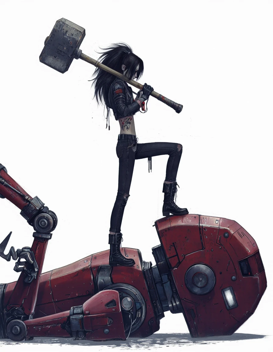 SerBira Style. A digital illustration shoot from a side angle about a stylized character with long black hair holding a large hammer on top of a red robot-like creature. the image also shows a minimalist white background with a simple, clean design. on the middle of the image, a young woman with long, straight black hair, wearing a black leather jacket, black skinny jeans, and black combat boots, stands atop a large, red robotic arm with a menacing expression. she appears to be gripping the hammer firmly in her right hand, while her left hand is resting on the robot's surface. the robot has a robotic arm extending from its left hand, and the robot appears to have a menacing presence.
1girl, solo, long hair, simple background, shirt, holding, standing, white background, full body, long sleeves, black eyes, jacket, gloves, full hair, boots, holding weapon, black pants, black footwear, standing on one leg, black jacket, weapon, skinny, weapon over shoulder, black boots, tattoo, ripped clothes, black shirt, axe, robot, maul