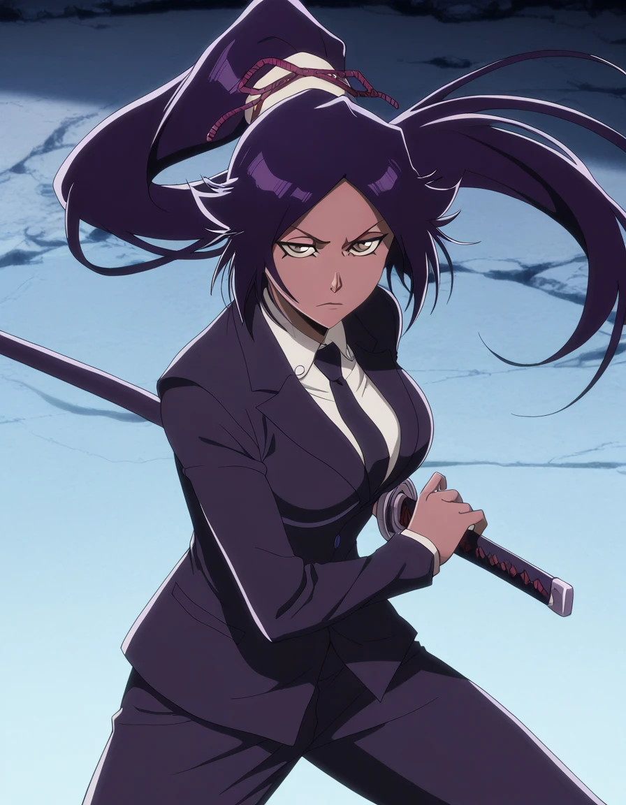 masterpiece, best quality, amazing quality,, <lora:yoruichi-shihouin-tybw-illustriousxl-lora-nochekaiser:1>, yoruichi shihouin, long hair, black hair, ponytail, dark skin, dark-skinned female, high ponytail, yellow eyes, mature female, breasts, anime screencap, <lora:battoujutsu-stance-ponyxl-lora-nochekaiser:1>, battoujutsu stance, looking at viewer, holding, weapon, sword, holding weapon, holding sword, standing, katana, sheath, sheathed, fighting stance, ready to draw, shirt, long sleeves, jacket, white shirt, necktie, collared shirt, pants, black jacket, floating hair, black pants, formal, suit, black necktie, sheathed, fighting stance, asymmetrical bangs, black suit, pant suit,, , cowboy shot, solo