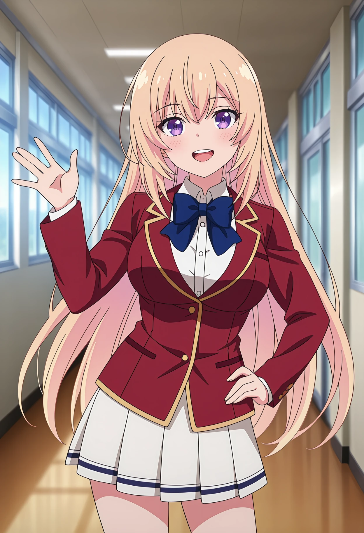anime screencap, masterpiece, best quality,
1girl, solo, open mouth, upper teeth only, light smile, blush,
hair between eyes, very long hair, blonde hair, purple eyes,
blazer, red jacket, collared shirt, white shirt, blue bowtie, long sleeves, miniskirt, pleated skirt, white skirt,
waving, hand on own hip, leaning to the side, standing, looking at viewer, cowboy shot,
hallway, photo background, blurry background
<lora:ClassroomOfTheElite_IchinoseHonami_IlluXL:0.9>