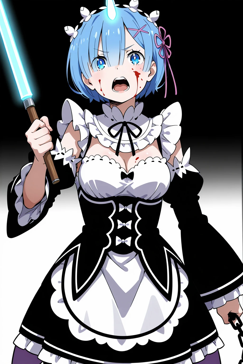 1girl,absurdres,angry,apron,ball_and_chain_\(weapon\),blood,blood_on_face,blue_eyes,blue_hair,breasts,bright_pupils,cowboy_shot,detached_sleeves,facing_viewer,glowing,glowing_horns,hair_over_one_eye,hair_ribbon,highres,holding,holding_weapon,horns,long_sleeves,lower_teeth_only,maid,maid_apron,medium_breasts,minami_yuuki_\(the_9th_planet\),open_mouth,re:zero_kara_hajimeru_isekai_seikatsu,rem_\(re:zero\),ribbon,roswaal_mansion_maid_uniform,short_hair,simple_background,single_horn,solo,teeth,tongue,upper_teeth_only,weapon,white_background,white_legwear,white_pupils